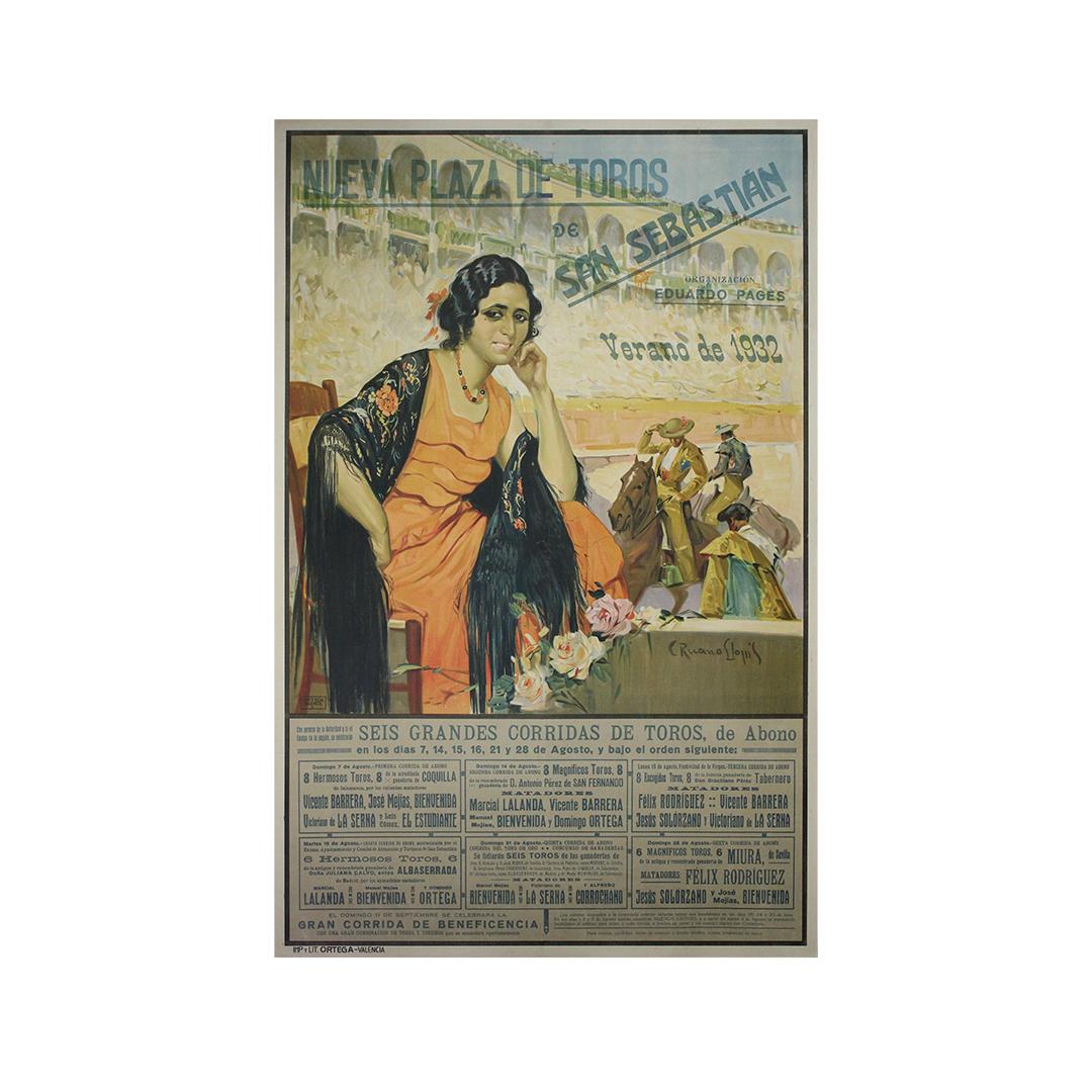 This stunning 1932 original bullfighting poster by the celebrated Spanish painter Carlos Ruano Llopis (1878–1950) was created for the summer season (Verano de 1932) at the new Plaza de Toros of San Sebastián. Known for his evocative, elegant