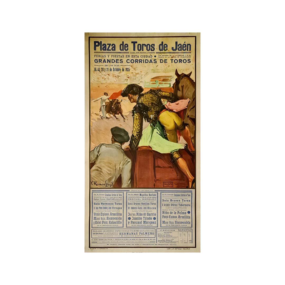 Questo straordinario manifesto originale per la corrida del 1935, disegnato dal celebre artista spagnolo Ruano Llopis, è stato creato per la Plaza de Toros di Jaén e annunciava una serie di grandiose corride che si sarebbero tenute dal 18 al 21