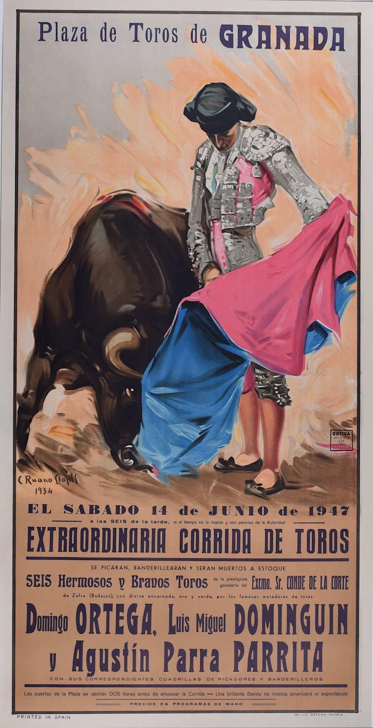 Carlos Ruano Llopis Print - Bullfighting Poster with Luis Miguel Dominguin - Granada, 14 June 1947