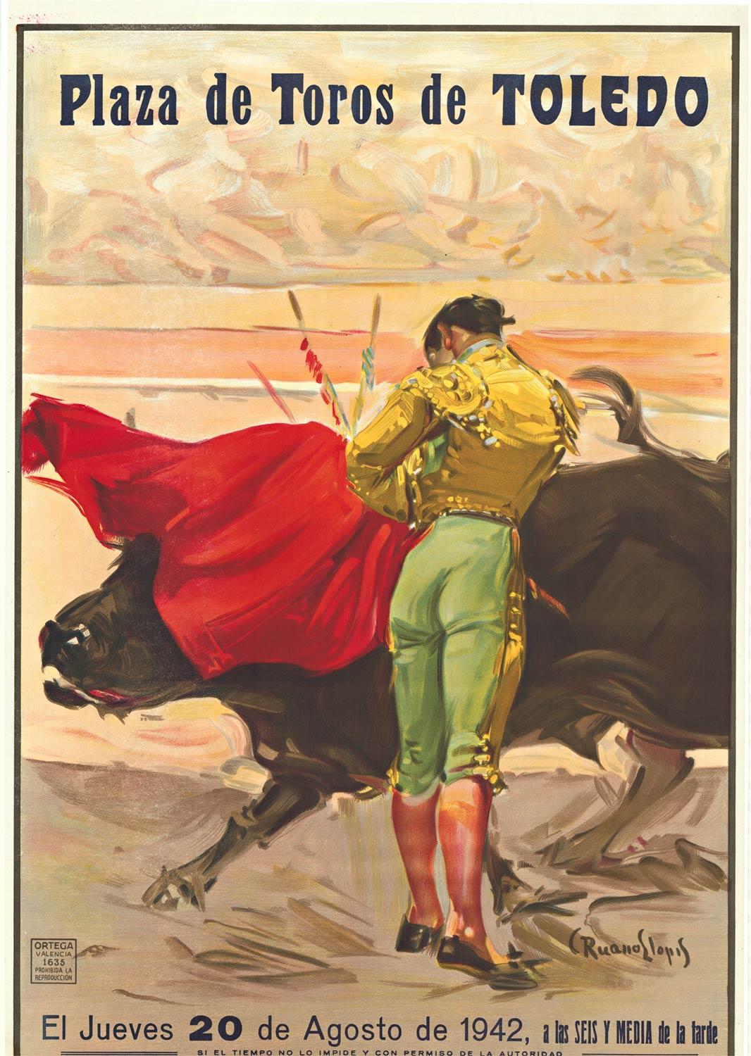 Original 1942 Plaza de Toledo vintage bullfighting poster - Print by Carlos Ruano Llopis