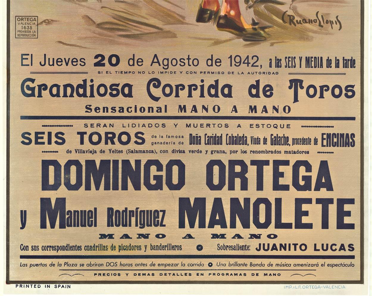 Affiche vintage originale de tir de balle Plaza de Toledo de 1942 - Art déco Print par Carlos Ruano Llopis
