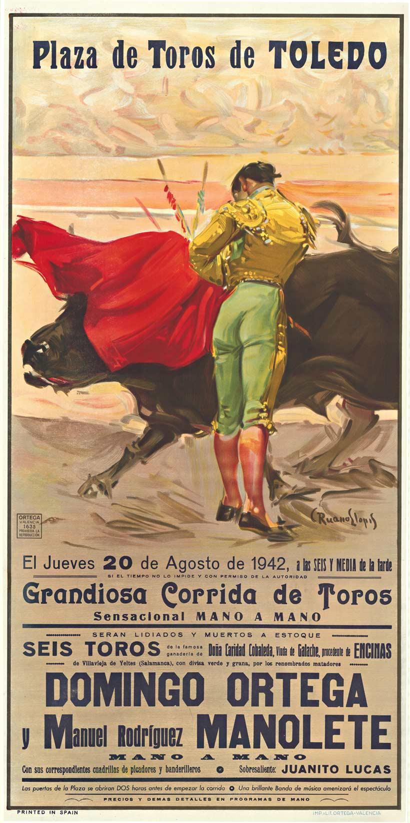 Carlos Ruano Llopis Figurative Print - Original 1942 Plaza de Toledo vintage bullfighting poster