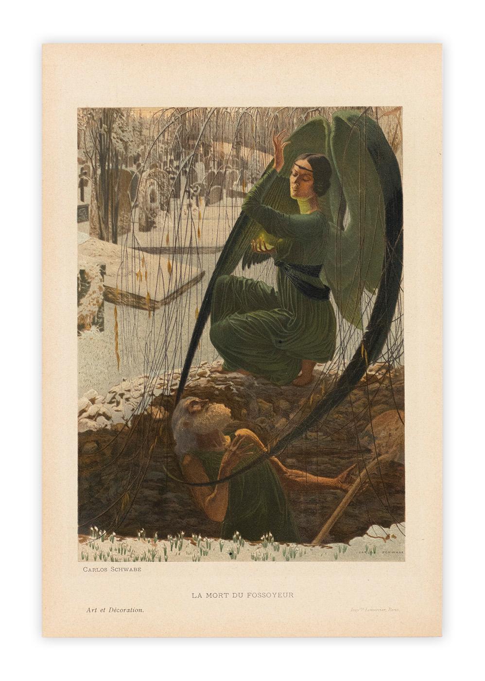 Death of the Gravedigger by Carlos Schwabe, Symbolist lithograph, c. 1900