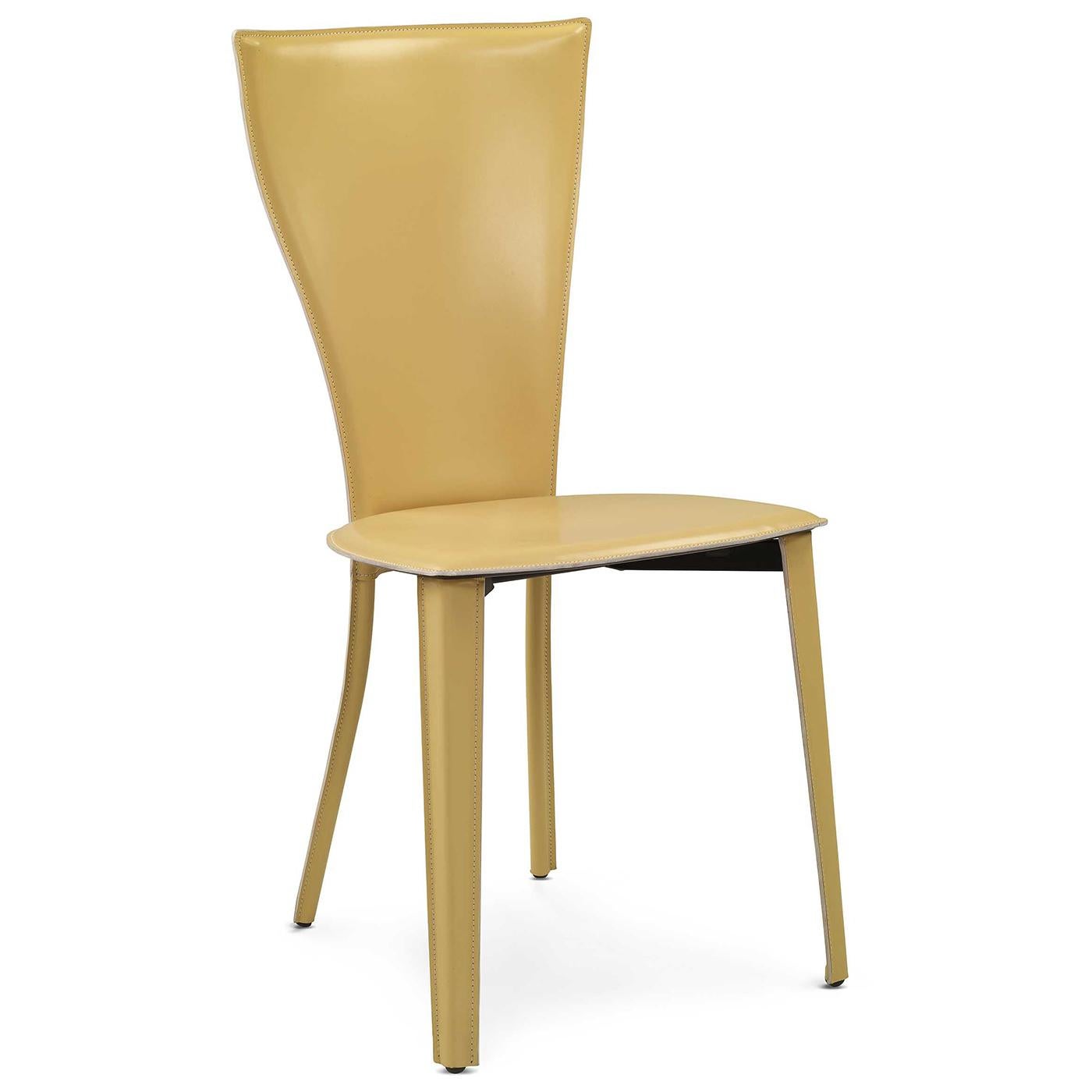 This four-legged, steel-framed chair is completely covered in rope-colored leather. The sinuous, embracing lines of its seat and back create a trendy silhouette, while the shape of its distinct high back is unique and sophisticated. This item can be