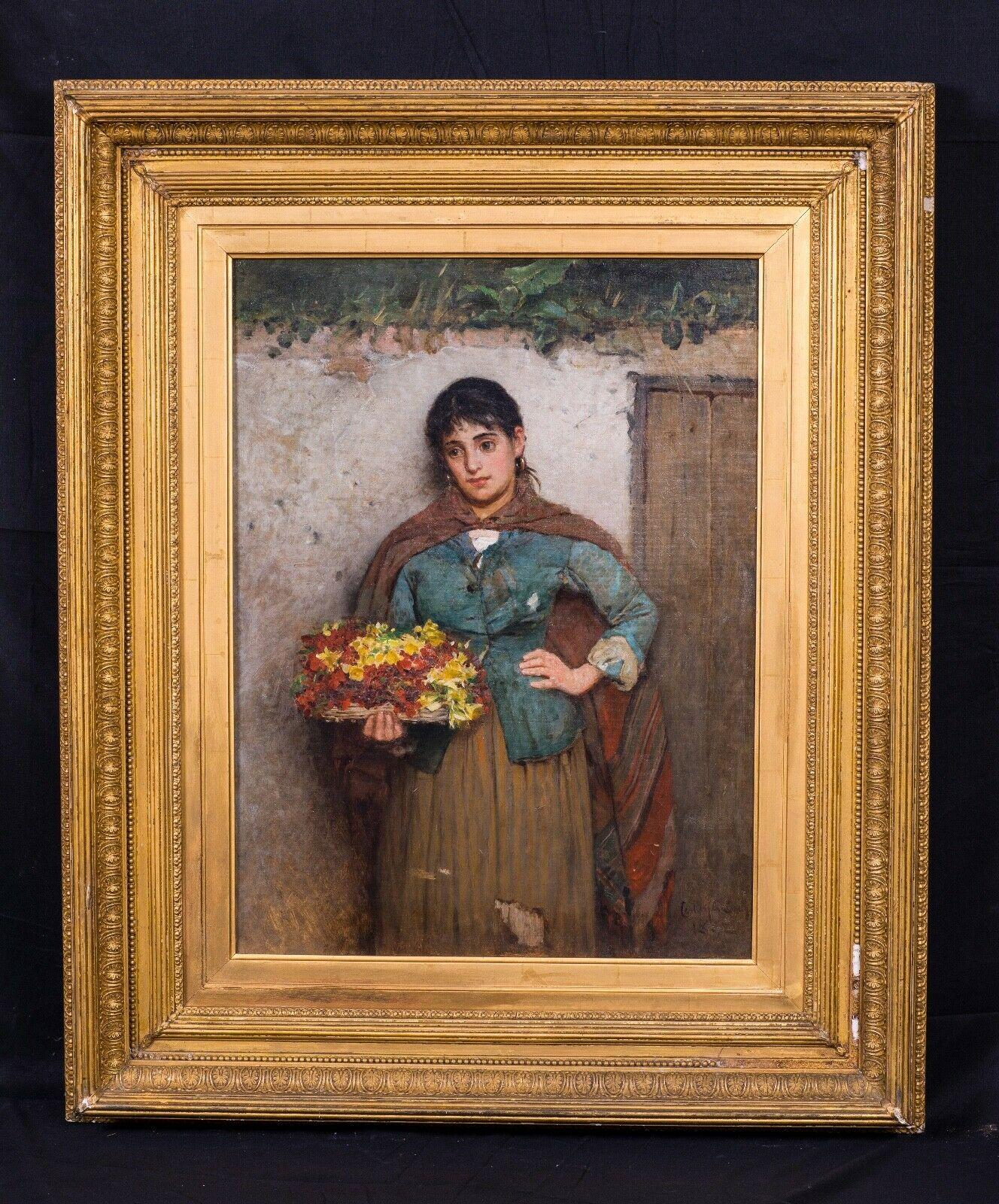 Portrait d'une fille à fleurs italienne, daté de 1882 - Painting de Carlton Alfred Smith