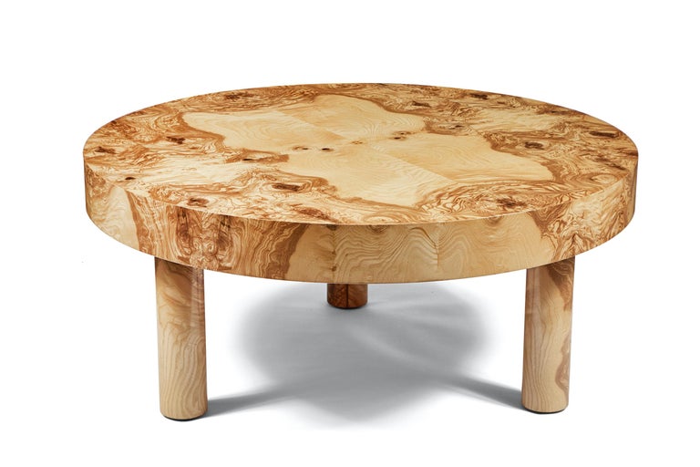 Figural woods and casual, clean lines combine in our Carlton Table, shown in our Natural finish. Bench made in Los Angeles, of burl wood veneer. Pricing shown is for 36