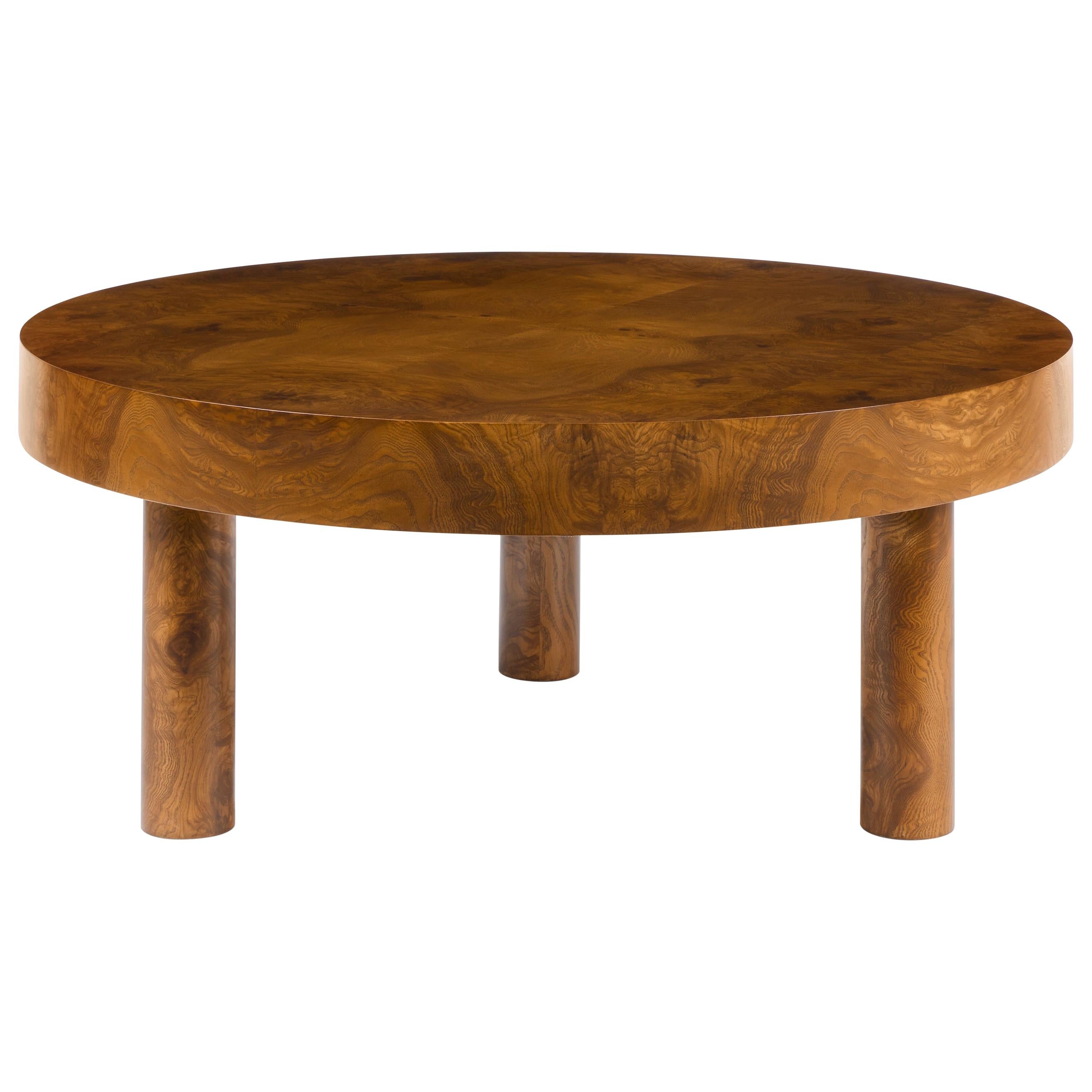 Carlton Coffee Table 36" DIA,  in Vintage Burl Wood Finish by August Abode For Sale