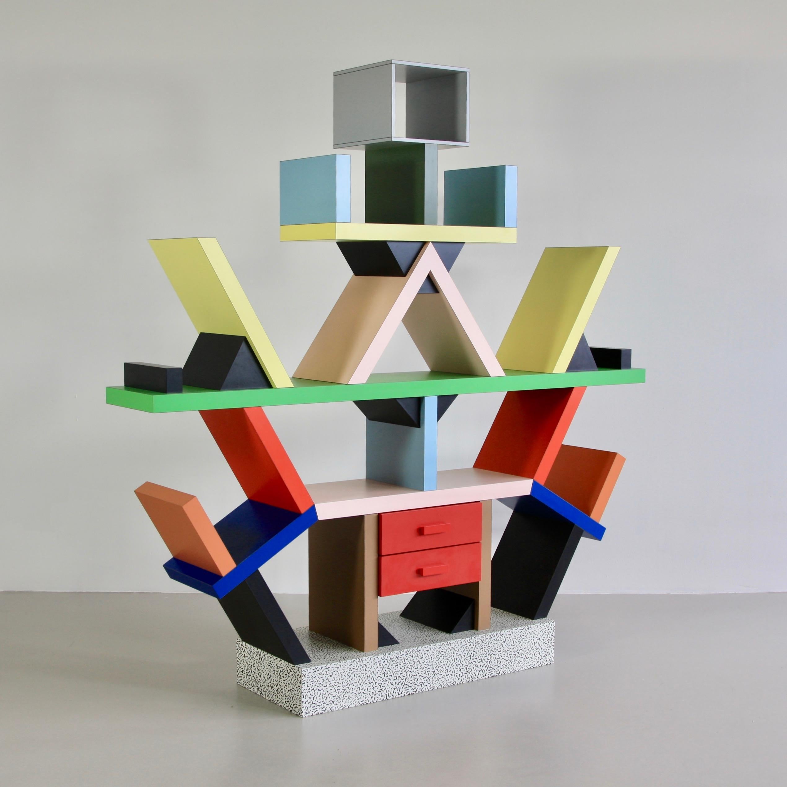 The Carlton bookcase and room divider, designed by Ettore Sottsass in 1981, Italy.

Wood and plastic laminate construction in an array of colors.

Literature:

Collection Museum of Modern Art, New York.

Repertorio del Design Italiano, 2