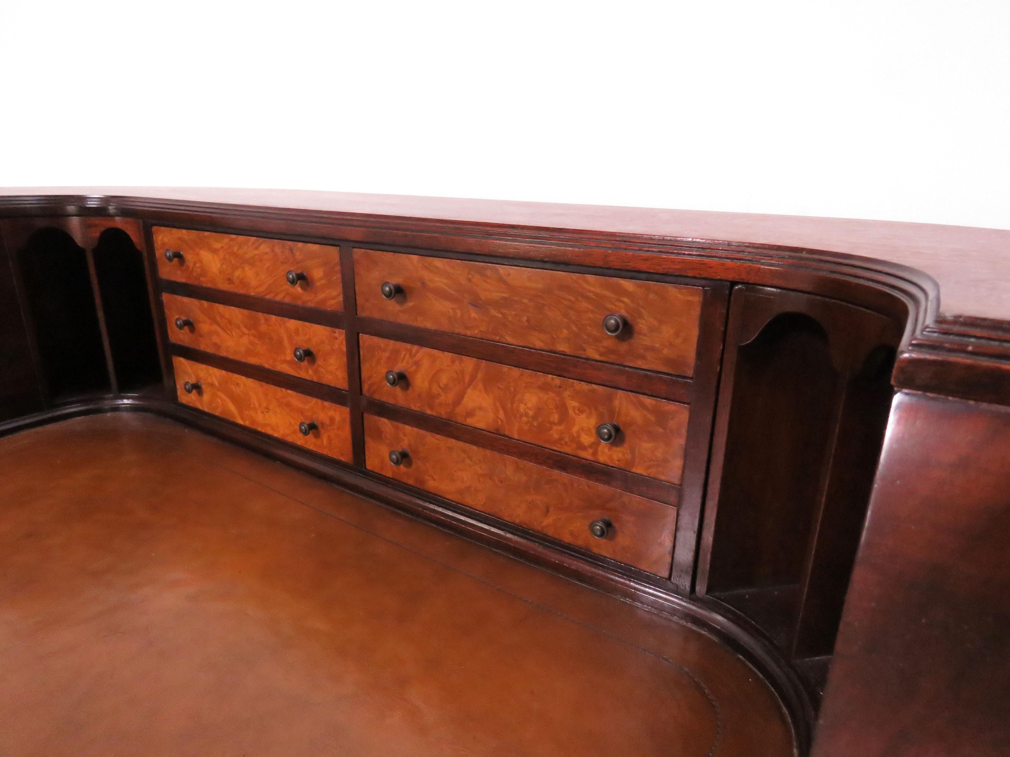 American Carlton House Style Mahogany and Burl Leather Top Writing Desk