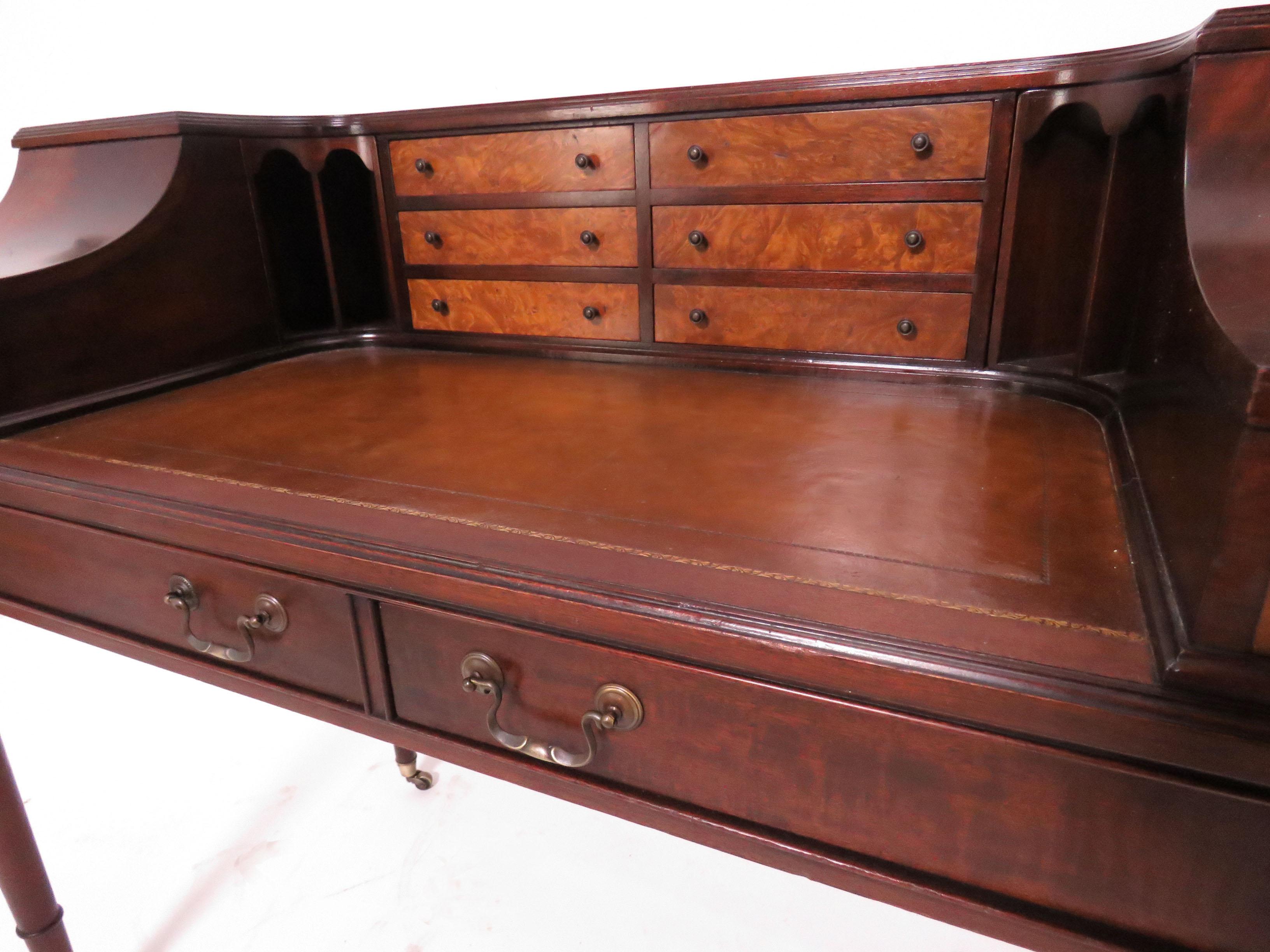 Carlton House Style Mahogany and Burl Leather Top Writing Desk In Good Condition In Peabody, MA