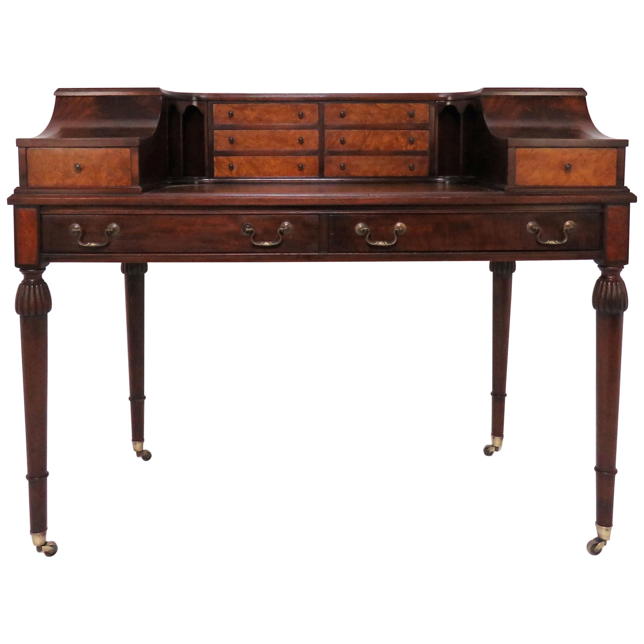 Carlton House Style Mahogany and Burl Leather Top Writing Desk