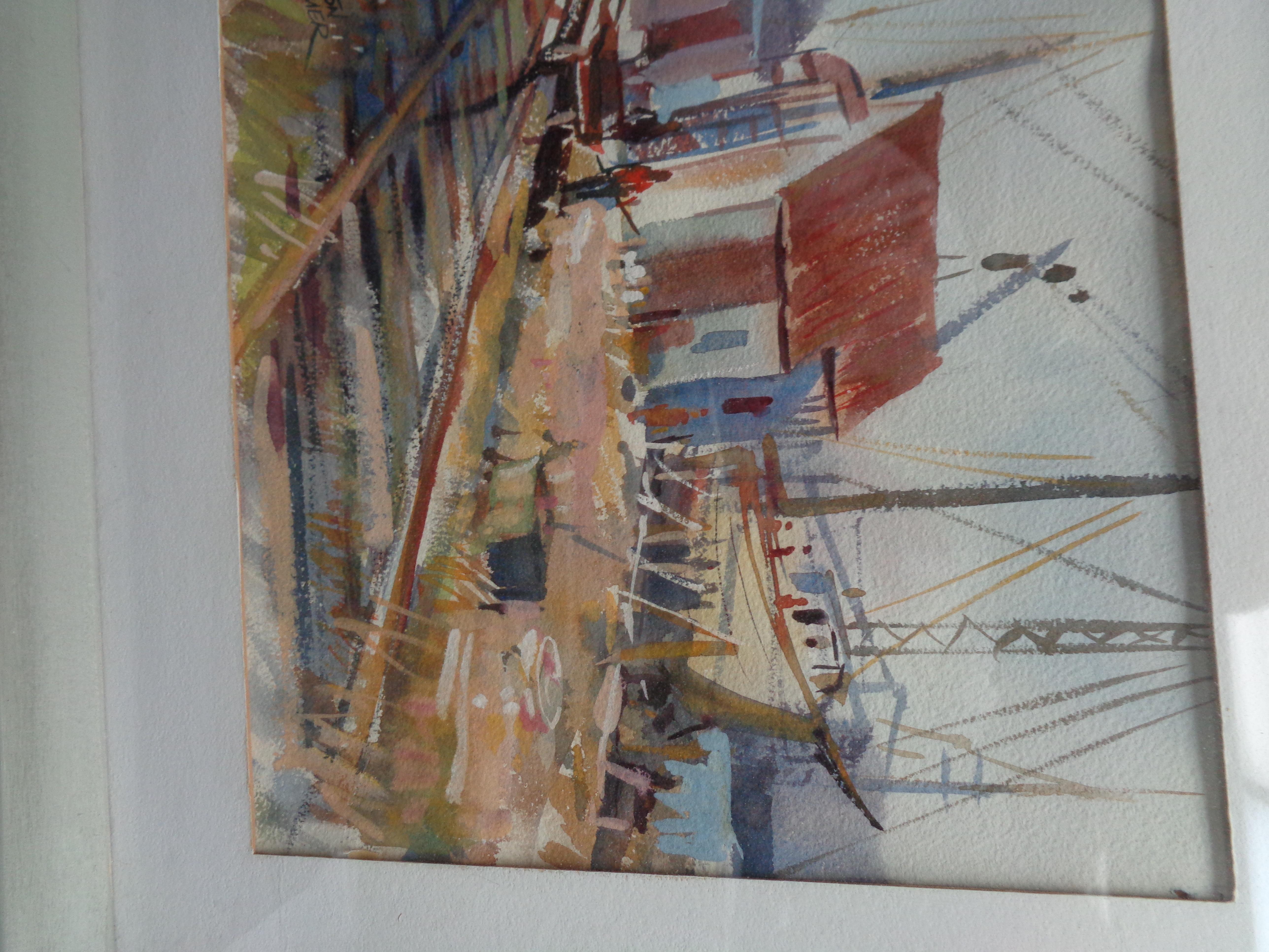 Maine Boatyard
watercolor from the Salmagundi Club with label
The mat and backing will need to be updated to help preserve this painting.

Here is what I can find out about the artist who recently passed away.
Carlton B. Plummer
Mon, 02/17/2020 -
