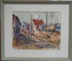  American Artist Carlton Plummer Watercolor Salmagundi Club label Maine Boatyard