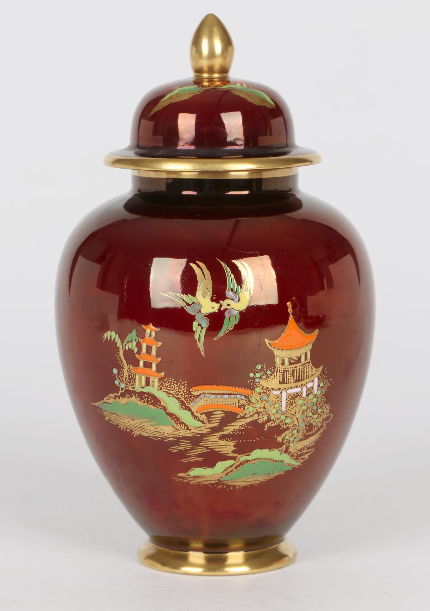 Carlton Ware Art Deco Rouge Royal Lustre Mikado Pattern Pottery Ginger Jar For Sale 1