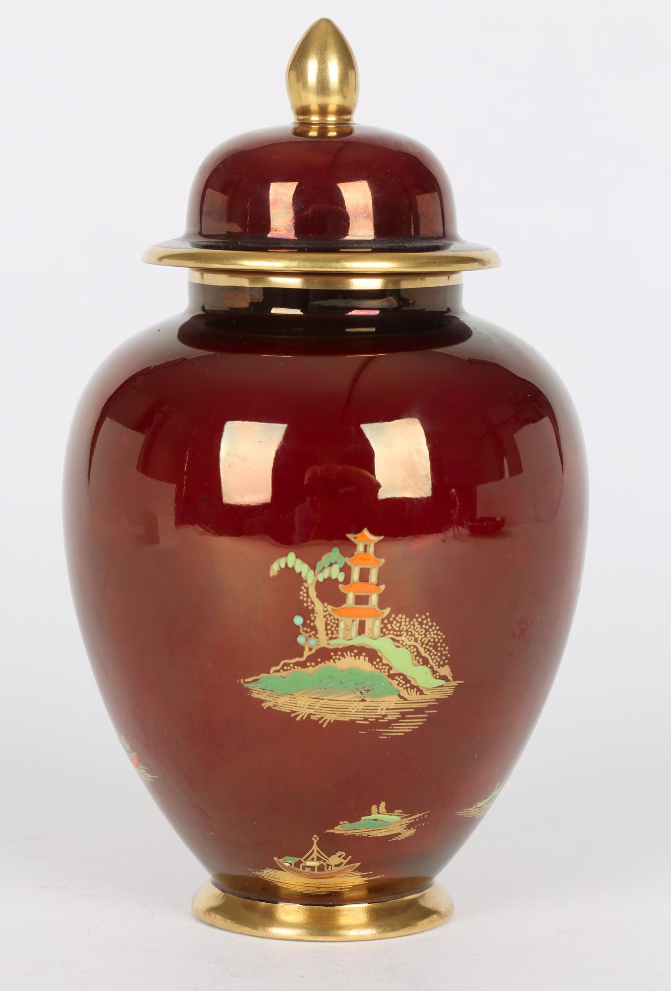 Krug aus Keramik mit Mikado-Muster, Rouge Royal Lustre, Carlton Ware, Art déco (Glasiert) im Angebot