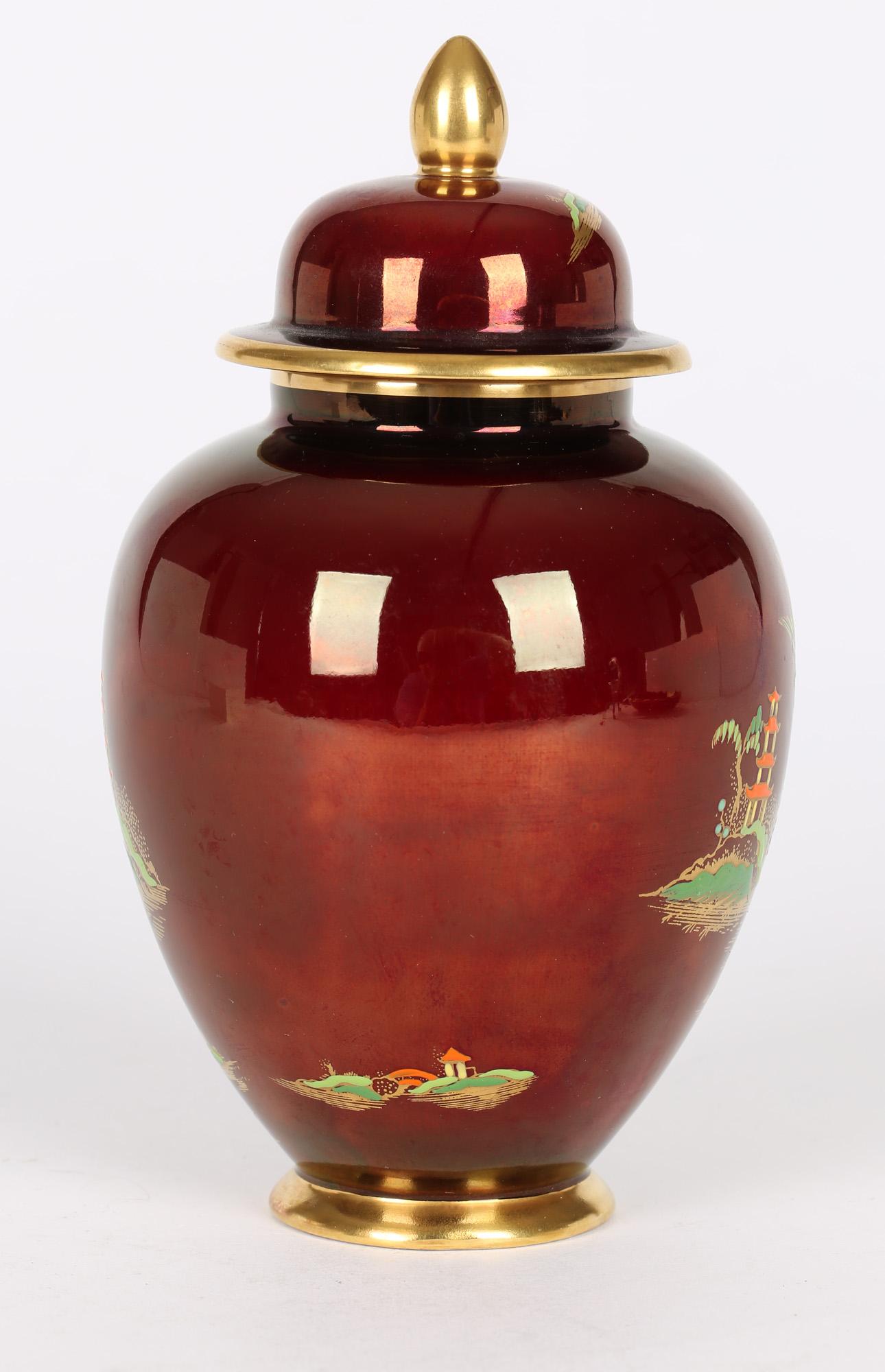 Milieu du XXe siècle Pot à gingembre en poterie Art Déco Rouge Royal Lustre à motif Mikado de Carlton Ware en vente