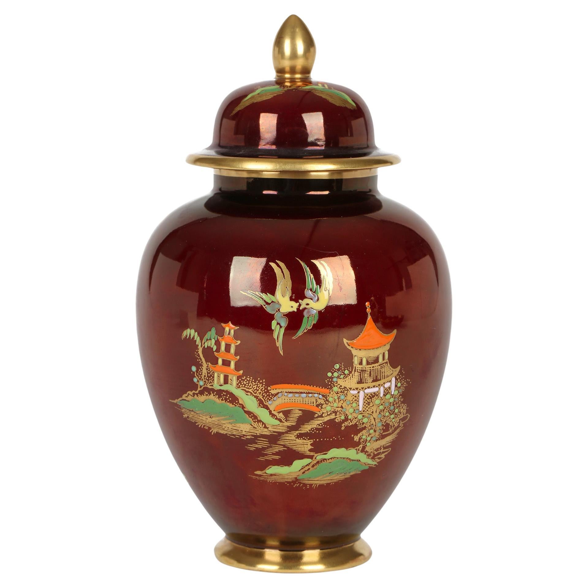 Carlton Ware Art Deco Rouge Royal Lustre Mikado Pattern Pottery Ginger Jar For Sale
