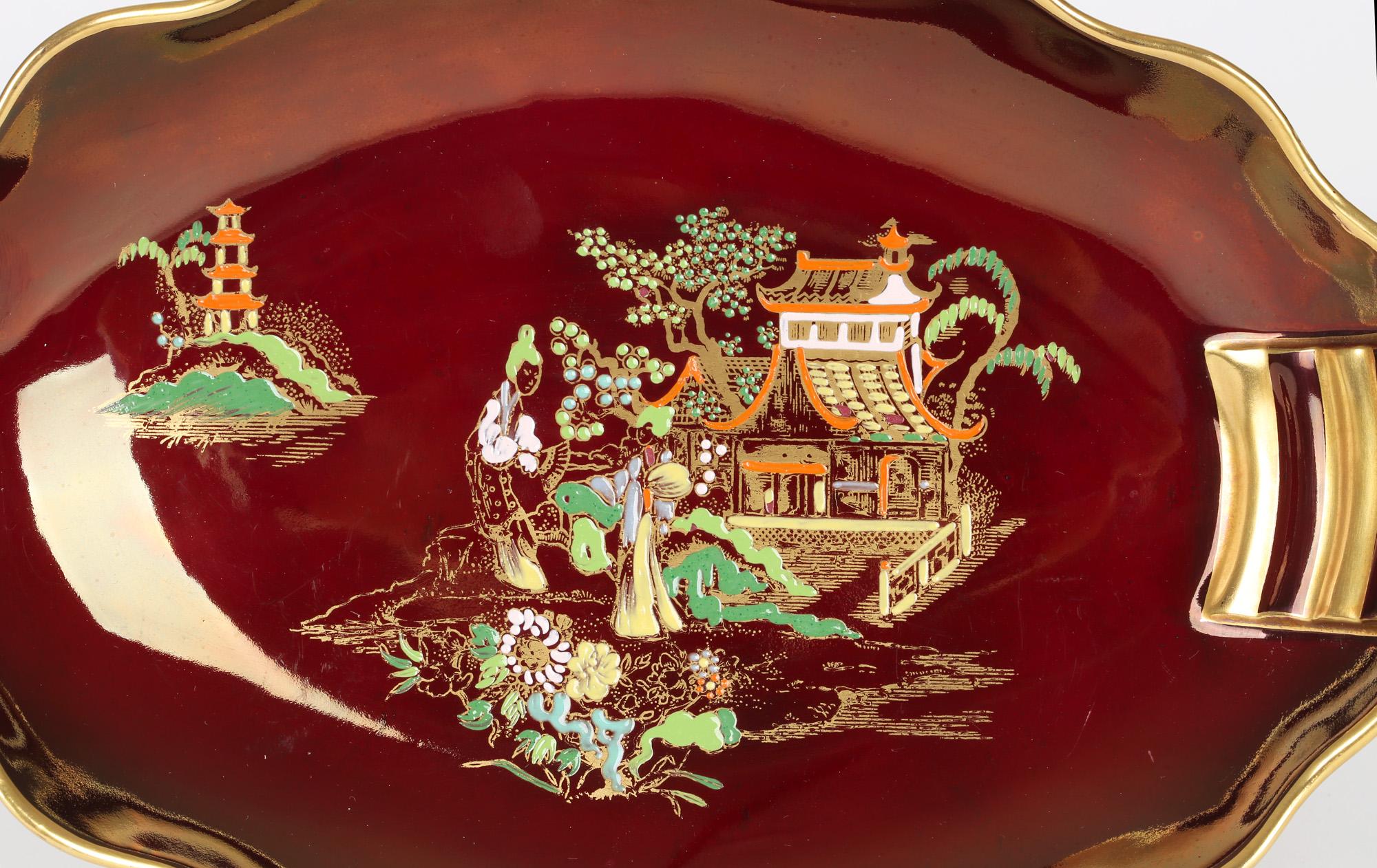 Enameled Carlton Ware Art Deco Rouge Royal Lustre Pagoda Pattern Sweet Meat Dish For Sale
