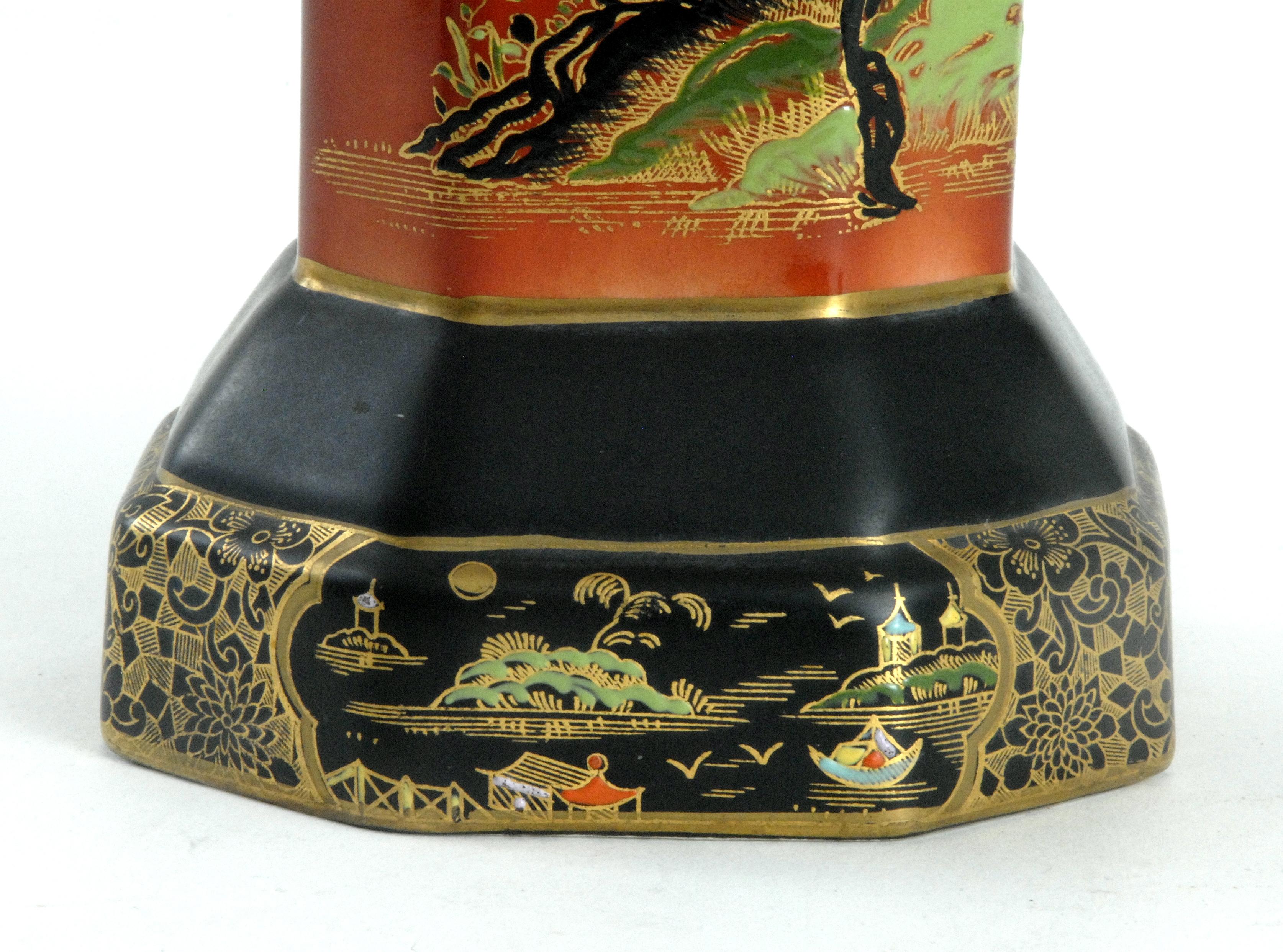 A superbly hand decorated 'Temple' pattern vase from circa 1925 in near perfect condition having been in only the one collection since purchase in the 1930s. Oriental scene of figures in temple with large circular doorway. Ornate trees with black