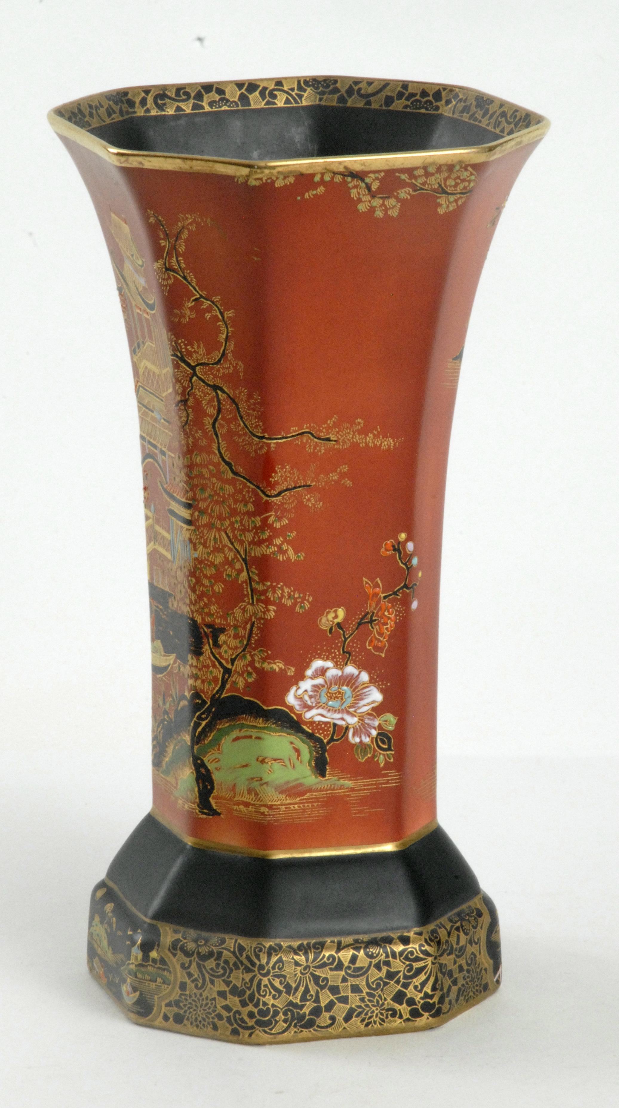 Chinoiserie Carlton Ware England 'Temple' Pattern Octagonal Vase, circa 1925 For Sale