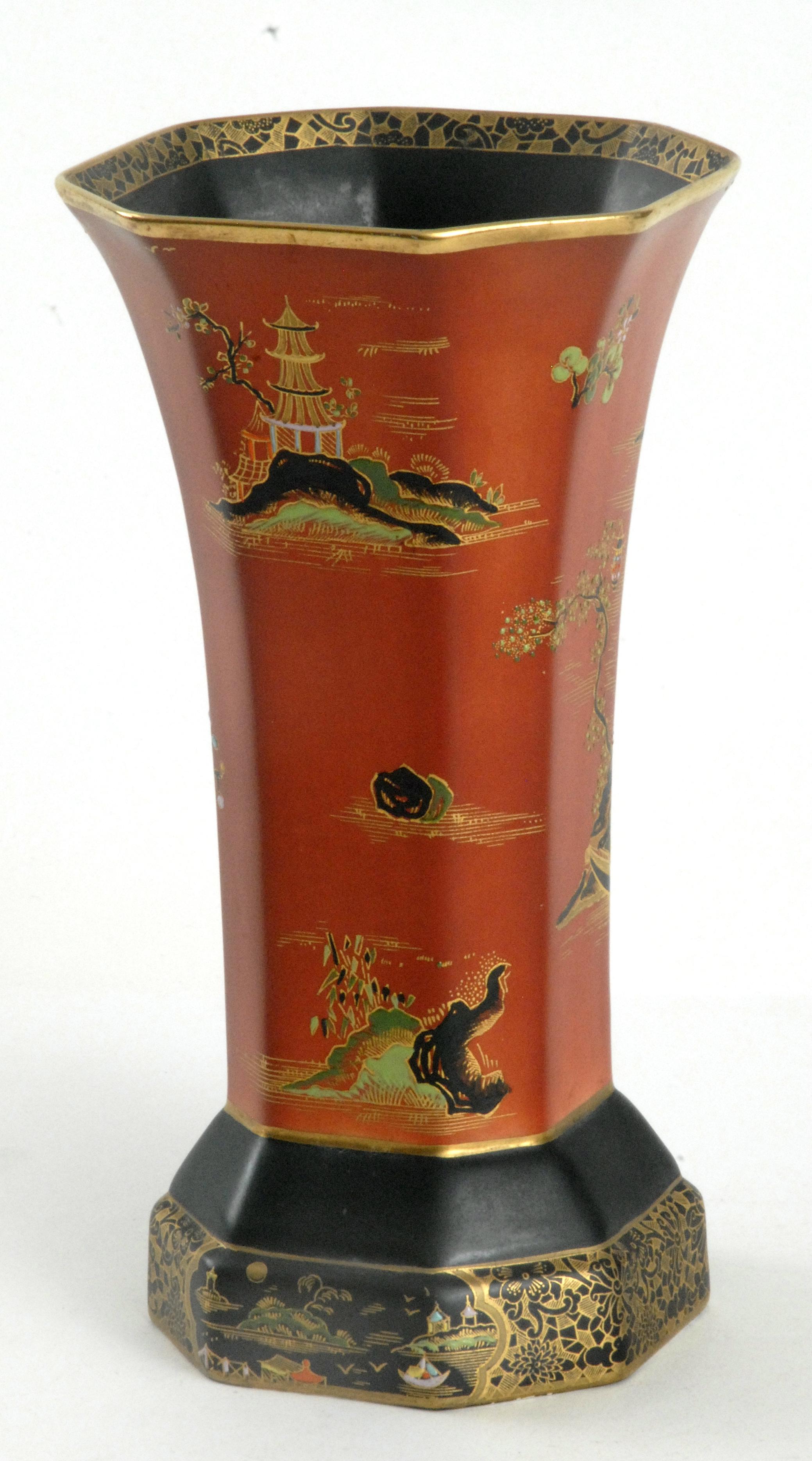 English Carlton Ware England 'Temple' Pattern Octagonal Vase, circa 1925 For Sale