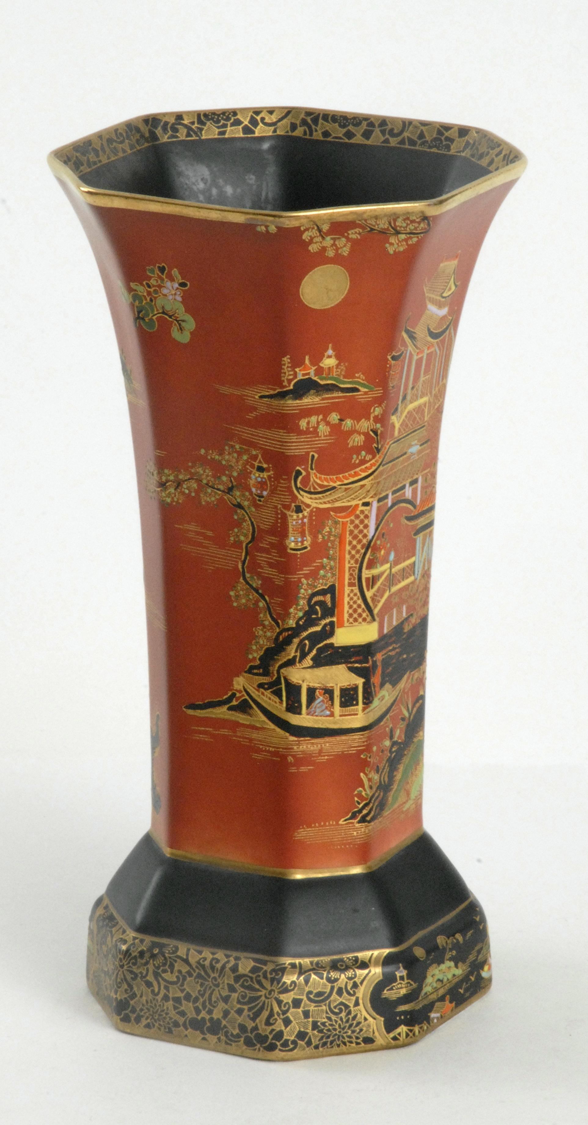 Hand-Painted Carlton Ware England 'Temple' Pattern Octagonal Vase, circa 1925 For Sale