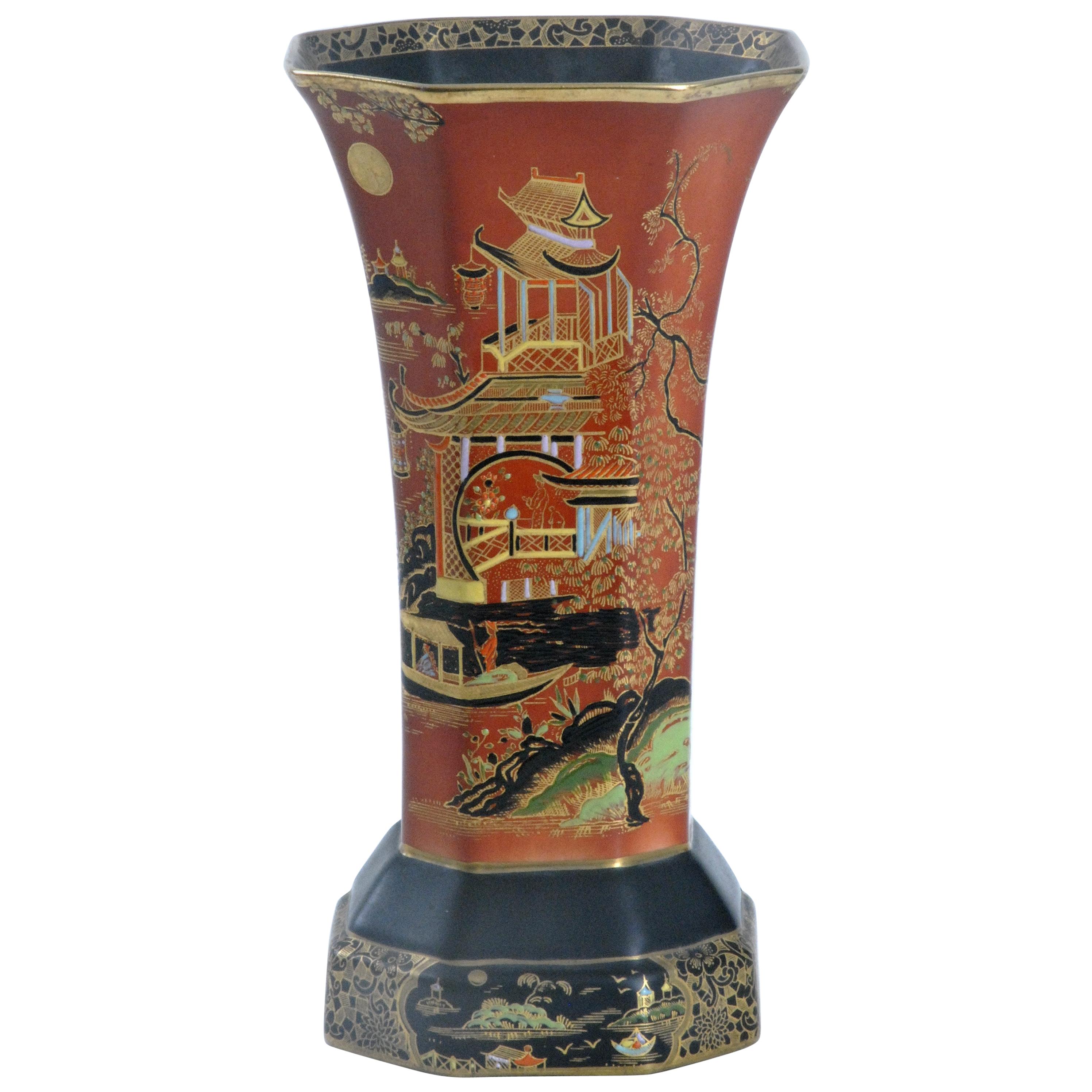 Carlton Ware England 'Temple' Pattern Octagonal Vase, circa 1925 For Sale