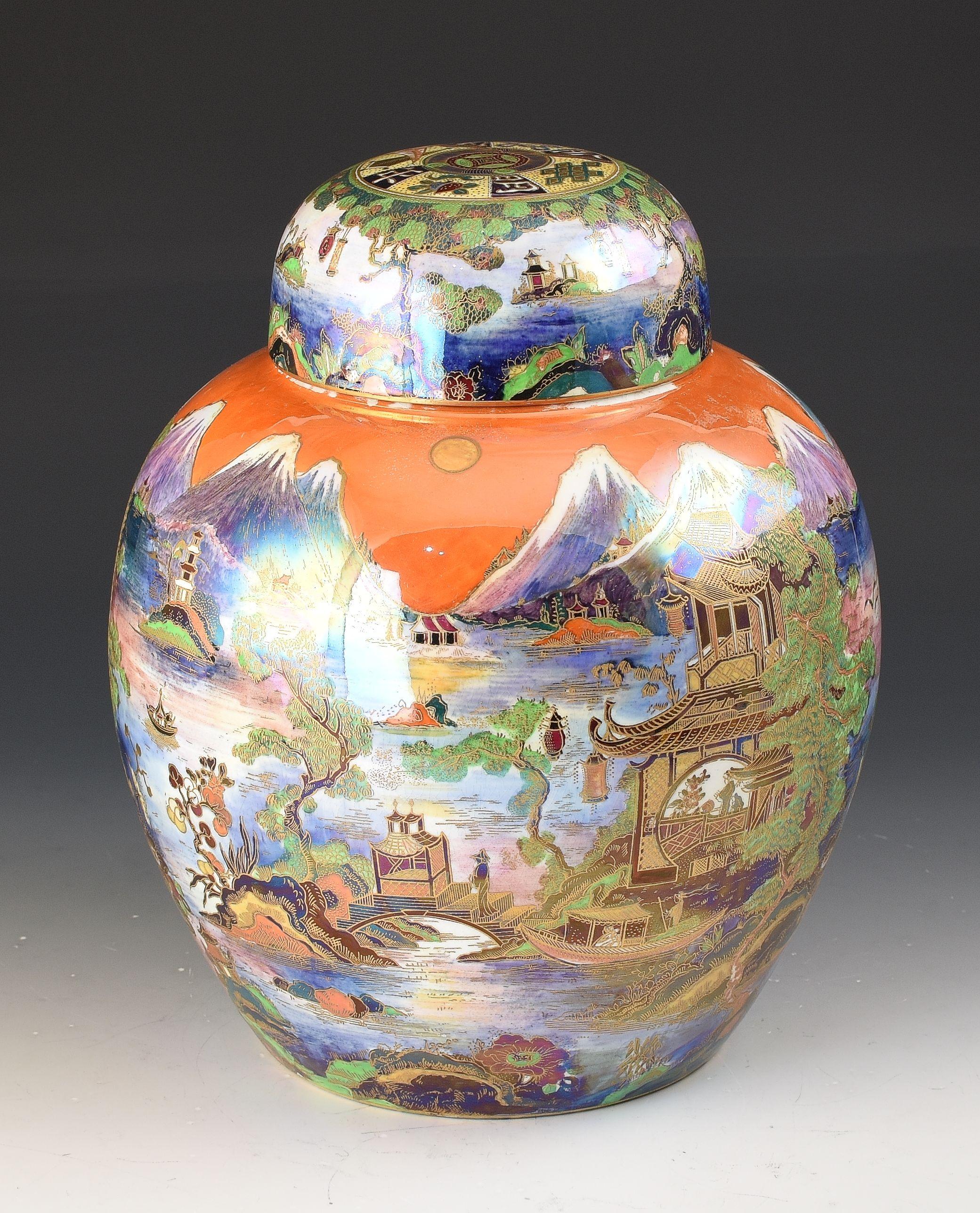 A rare Ginger jar in Chinland that will date to around 1930. Beautifully decorated with full repeating pattern around the body. There are some white rub marks on the lustre where the lid sits otherwise i can GUARANTEE no damage and no restoration.