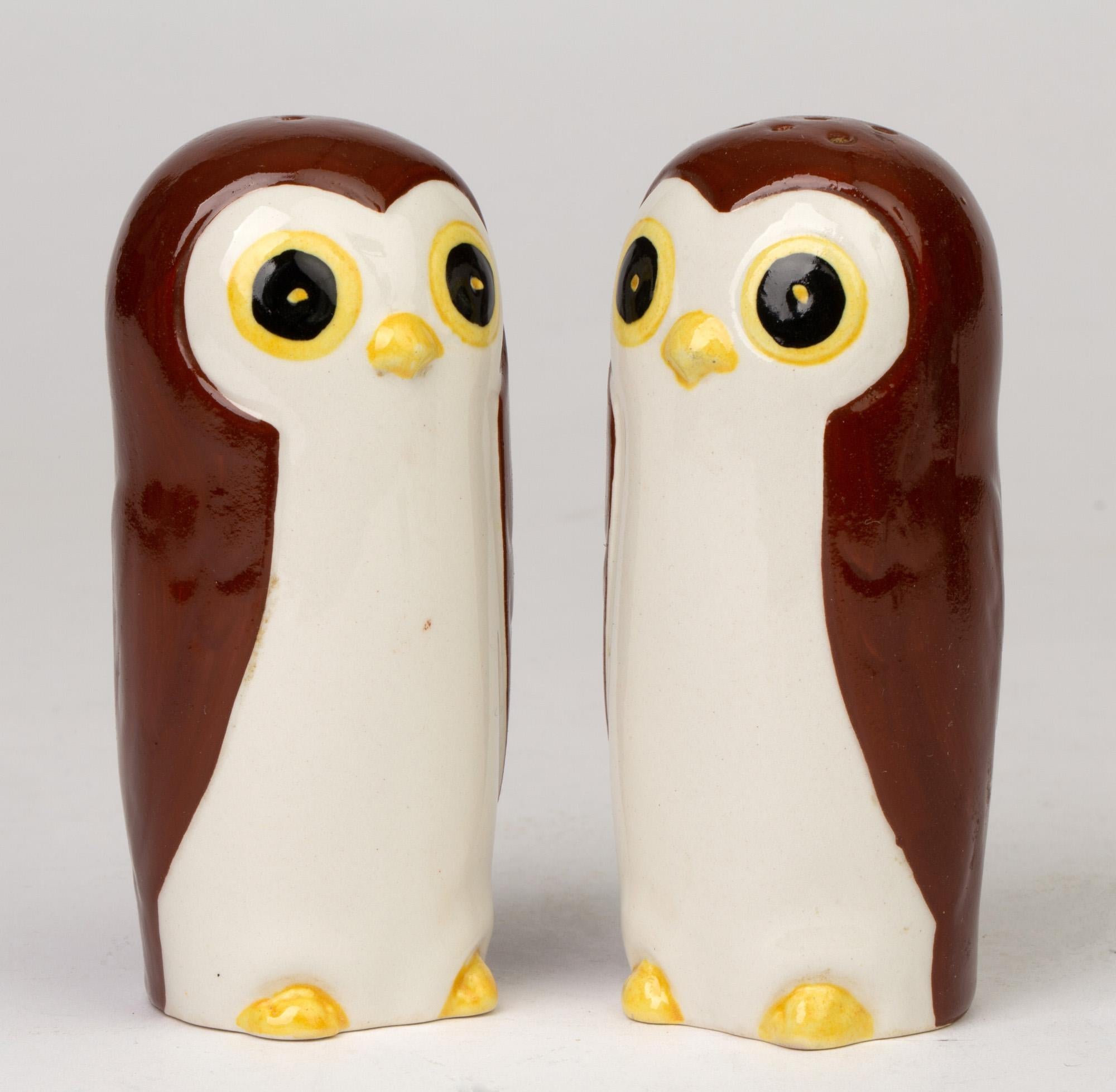 A delightful novelty Carltonware pottery cruet set comprising of a salt and pepper pot modeled as owls and dating from circa 1970. The cruets are modeled as young standing owls with simple molded shapes and hand decorated in brown, yellow and black