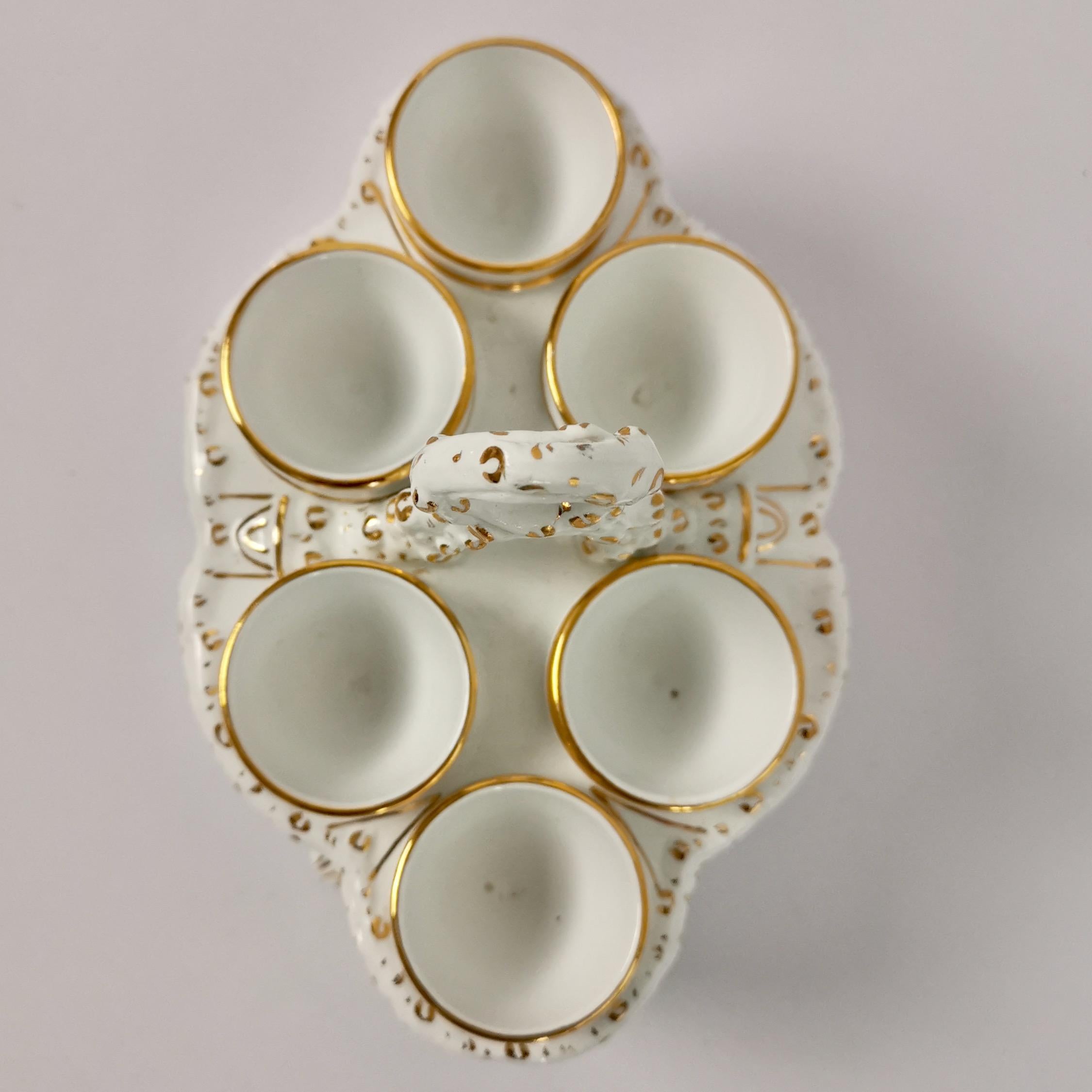 English Carltonware Porcelain Egg Cruet Serving Six, White and Gilt, Victorian, ca 1890