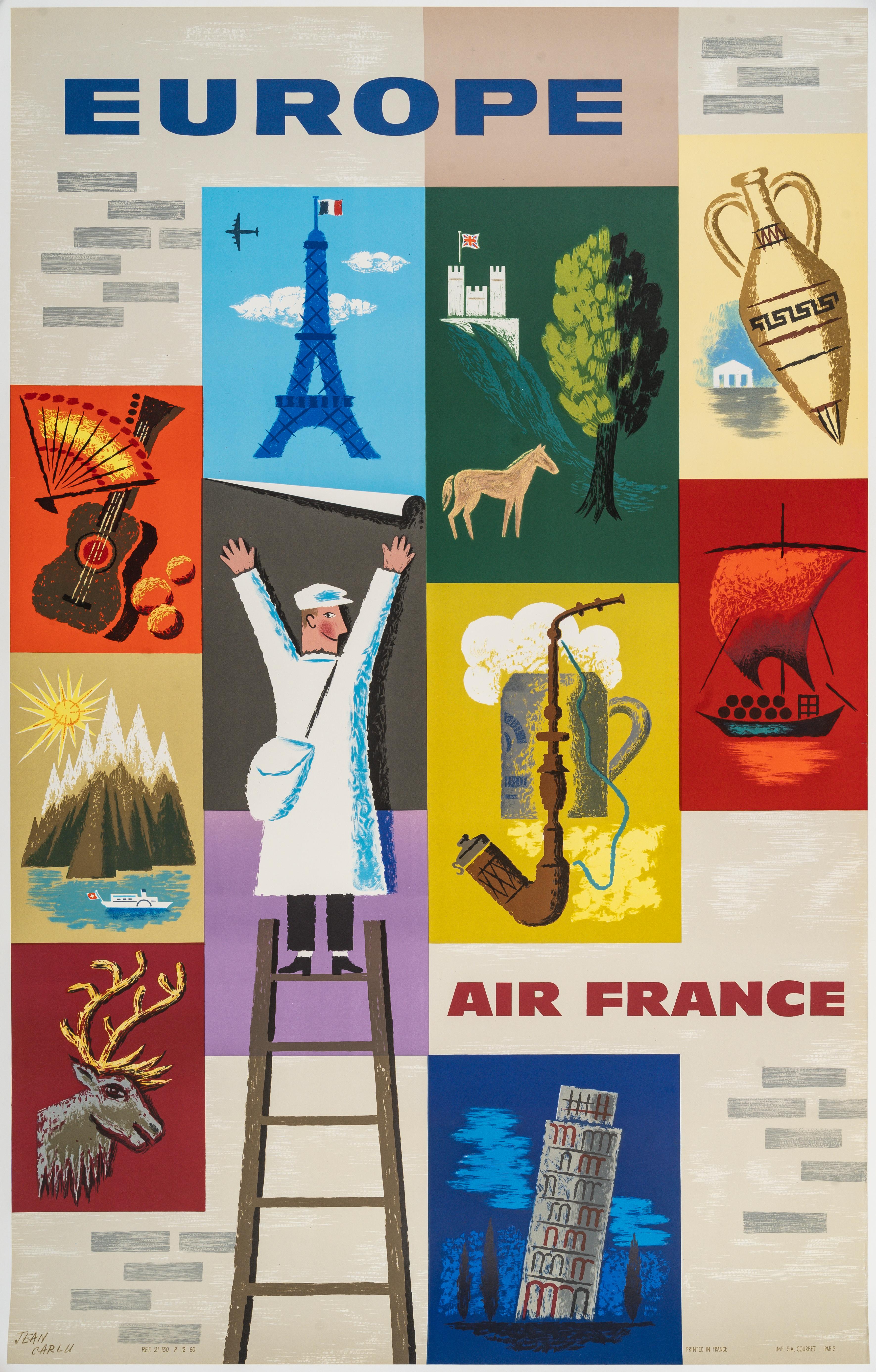 Français Carlu, affiche originale du film Air France Europe, Tour Eiffel, Aviation, 1957 en vente
