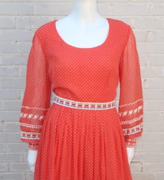 Carlye Red & White Swiss Dot Peasant Maxi Dress, C.1970