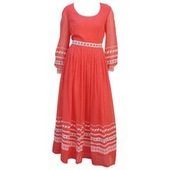 Carlye Red & White Swiss Dot Peasant Maxi Dress, C.1970