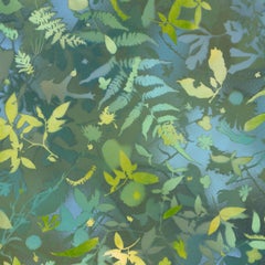 'Light on Water I' - naturalist landscape, colorful, botanical, layered, green