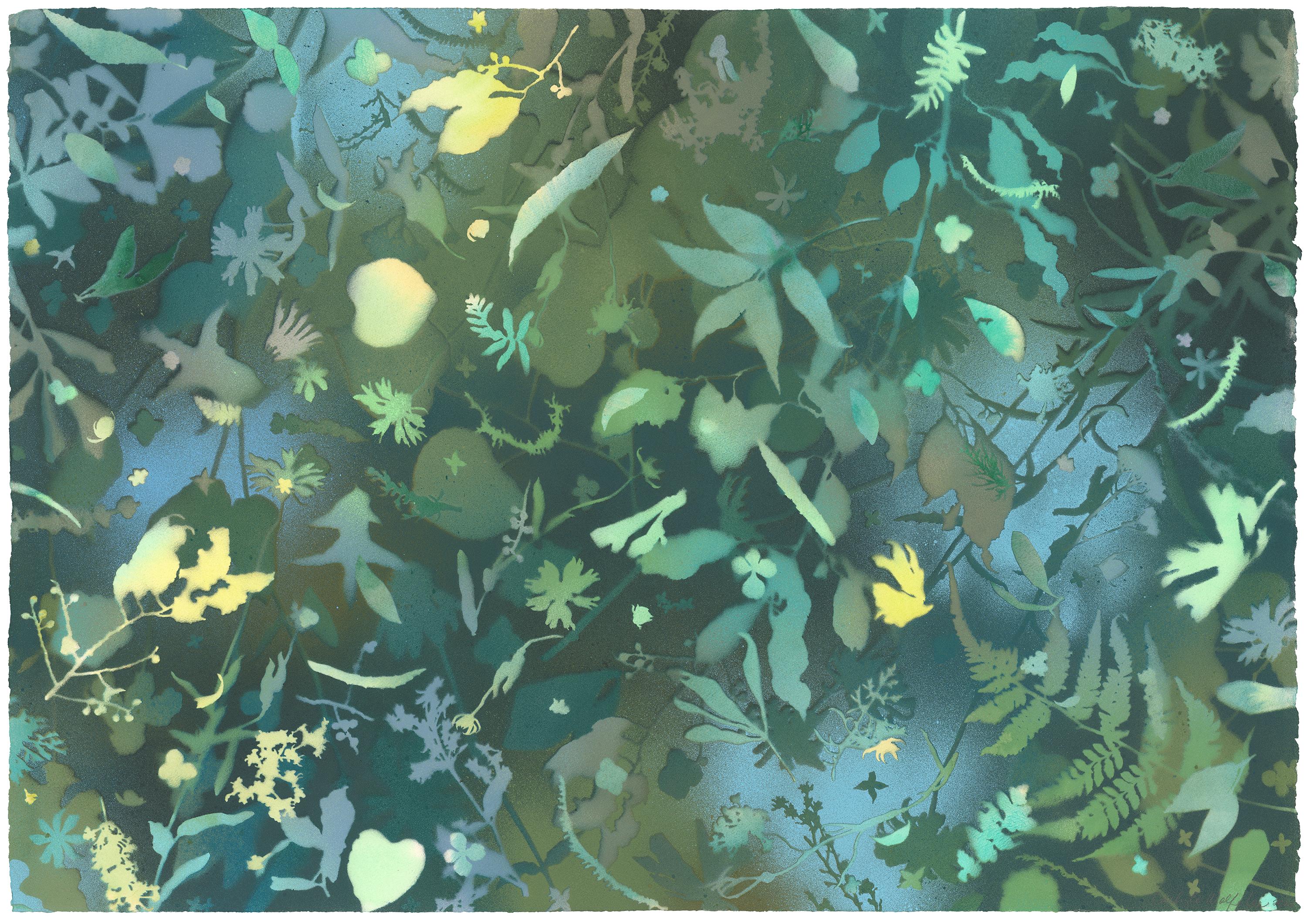 Luce sull'acqua II" - paesaggio naturalistico, colorato, botanico, stratificato, verde