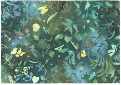 Light on Water II" - paysage naturaliste, coloré, botanique, stratifié, vert.