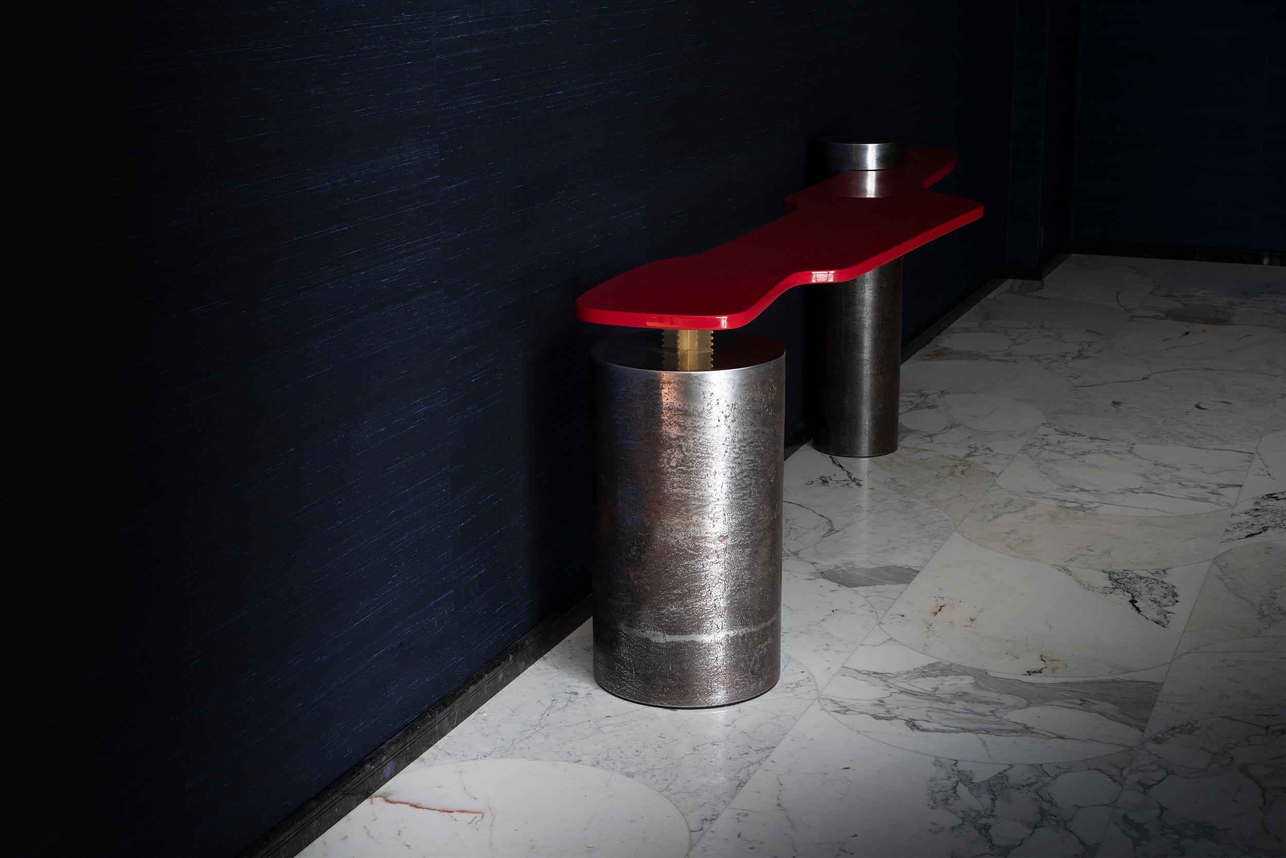 Carm Console-Contemporary Carmine Red Lacquer Patinated Steel Legs Console Table 1