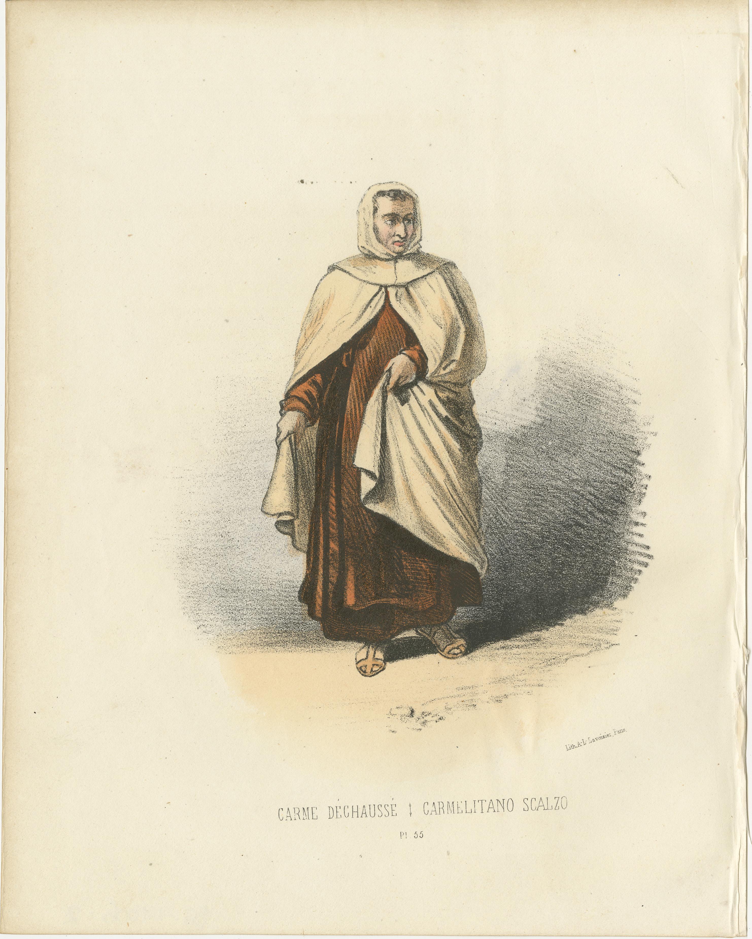 Carme Déchaussé - Lithographie coloriée à la main en 1862 d'un moine carme déchaussé  

Cette superbe lithographie de 1862, coloriée à la main, représente un carme déchaussé, emblème de l'humilité et de la dévotion. Le personnage est représenté en