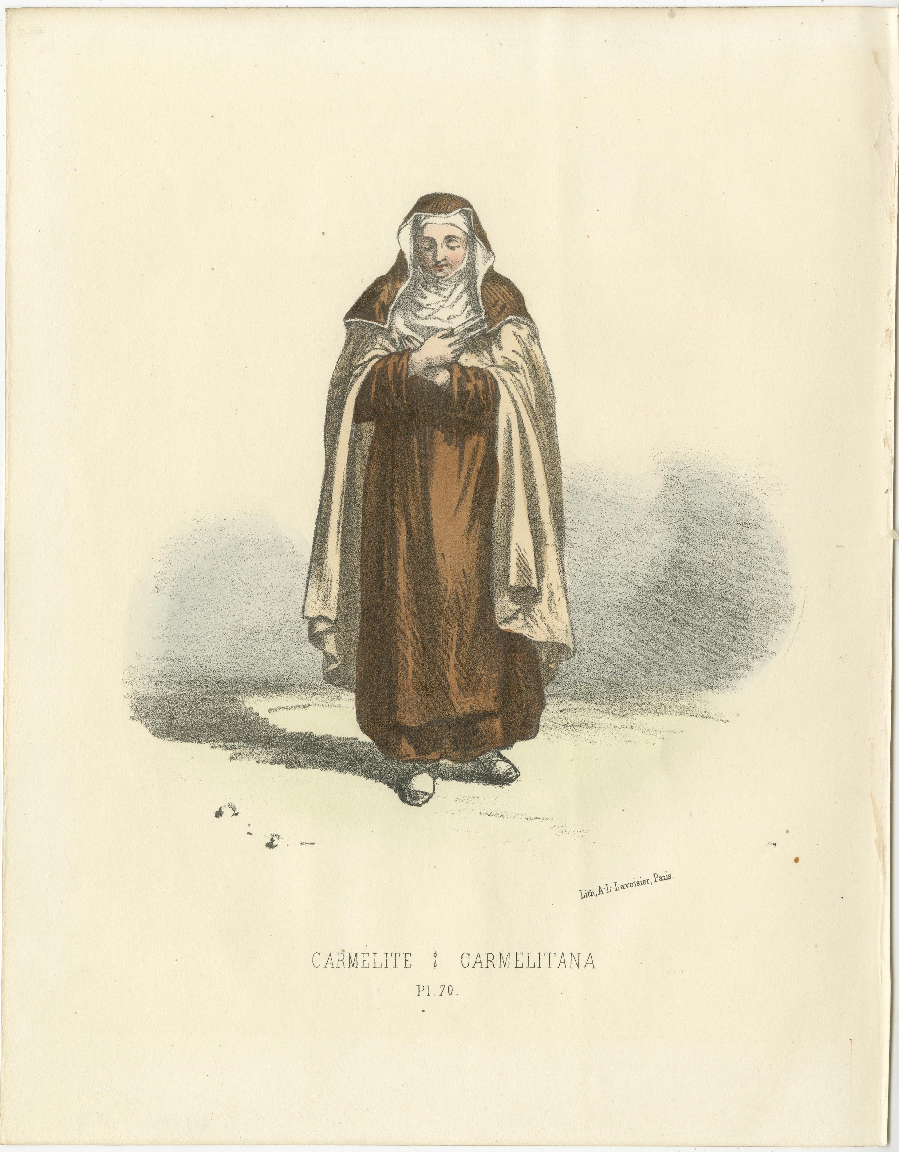 Carmélite - 1862 Handkolorierte Lithographie einer Karmeliter-Nonne  

Diese handkolorierte Lithografie aus dem Jahr 1862 zeigt eine Karmelitin, die Einfachheit und Hingabe verkörpert. Die Nonne trägt die traditionelle braune Kutte mit weißem Mantel