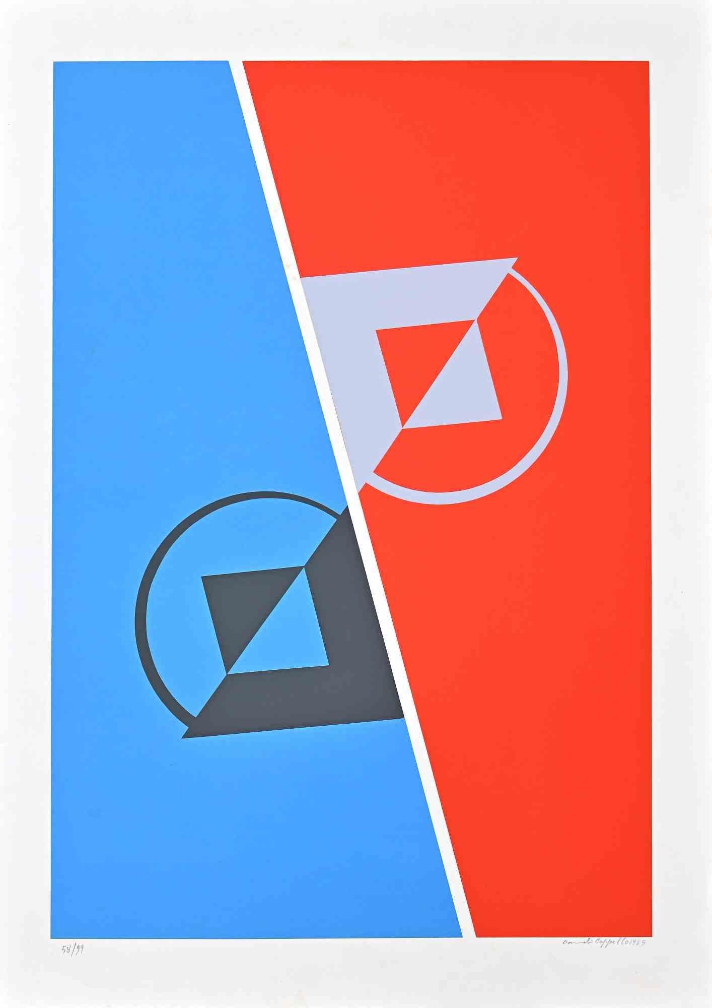 Composition is an original artwork realized by Carmelo Cappello in 1985.

Colored screen print on paper.

The print is hand-signed and dated in pencil on the lower right. Numbered on the lower left. Edition 58/99.

Good conditions.

This colorful