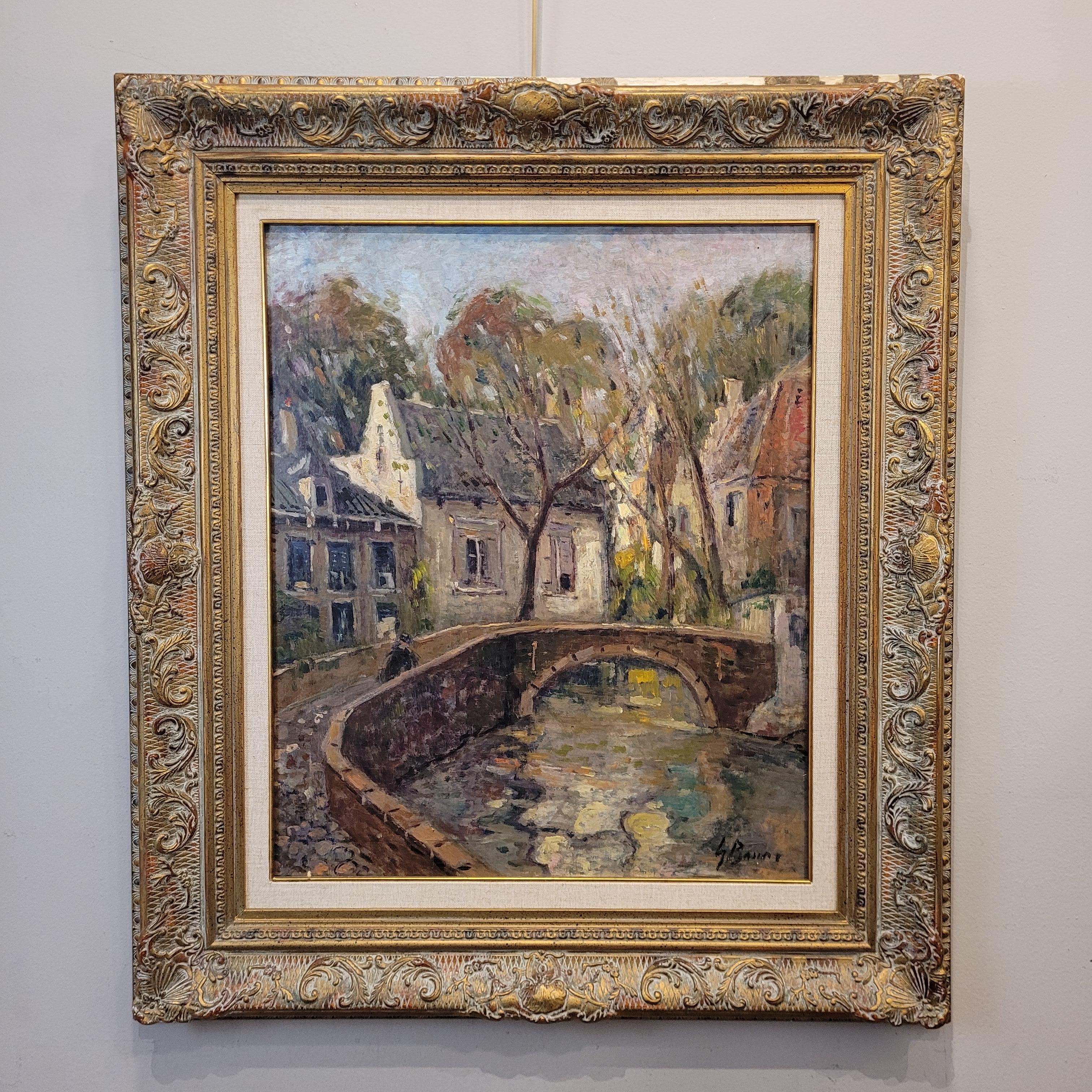 Eccezionale olio su tela dell'artista spagnolo Carmelo García Barrena. Raffigura una scena piacevole e pittoresca della città belga di Bruges, un angolo urbano con un ponte di pietra e case tipiche che si riflettono nell'acqua. An He si concentra