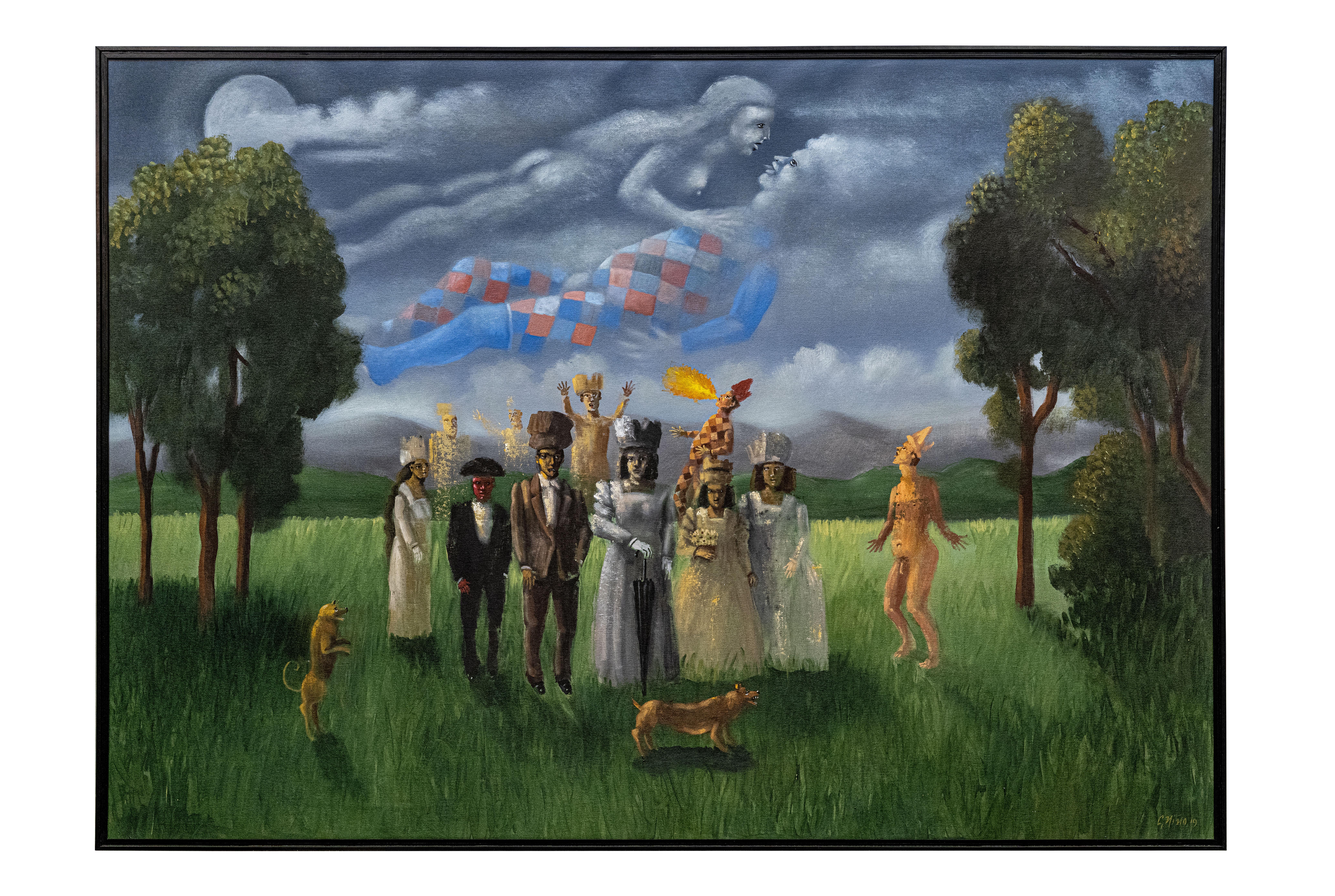 Carmelo Nio, Amantes con escena, 2019, 140 x 200 cm, 58,1 x 78,7 pouces. - Painting de Carmelo Niño