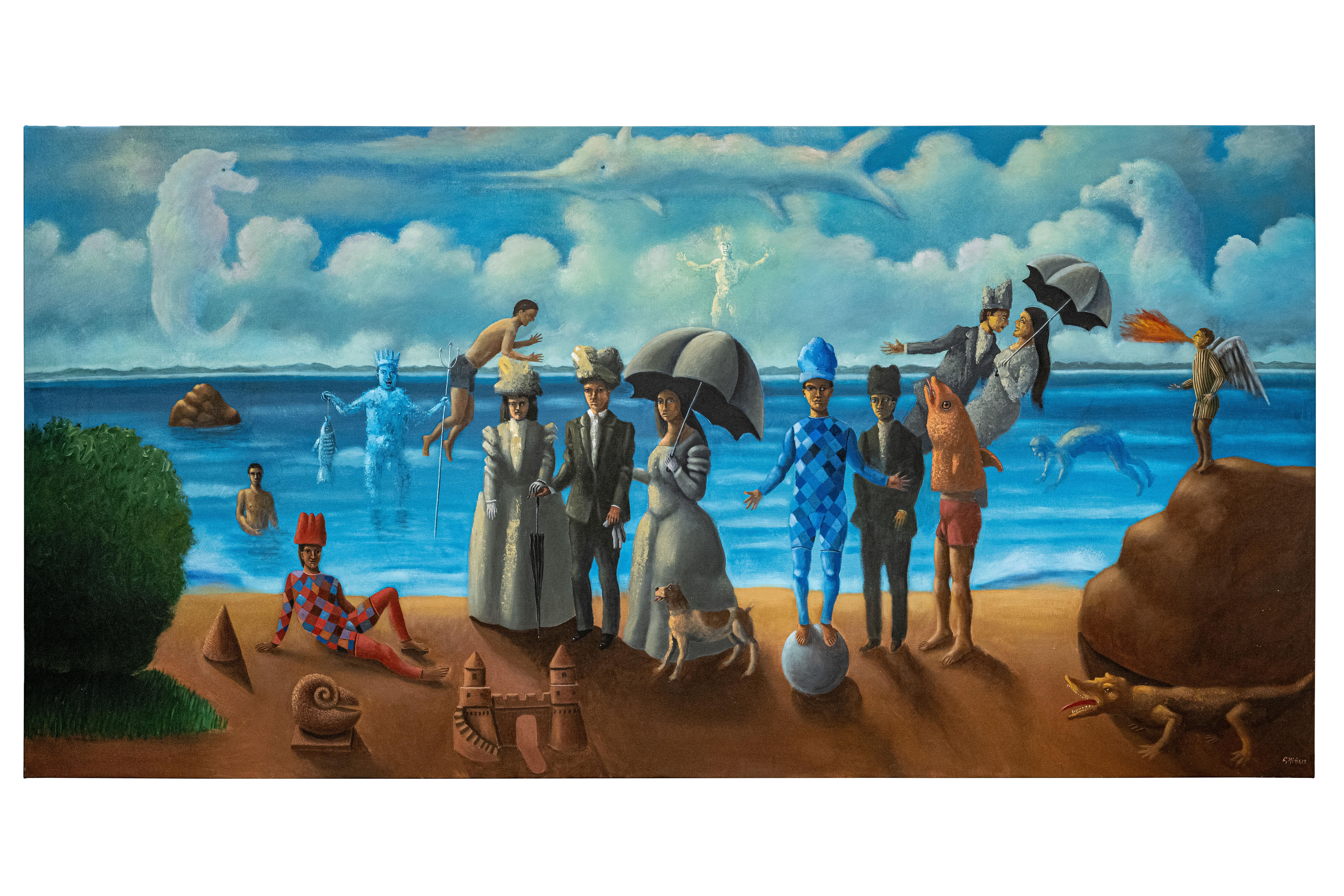 Carmelo Nio, Amantes con escena, 2019, 200 x 400 cm, 78,7 x 157,4 pouces - Painting de Carmelo Niño