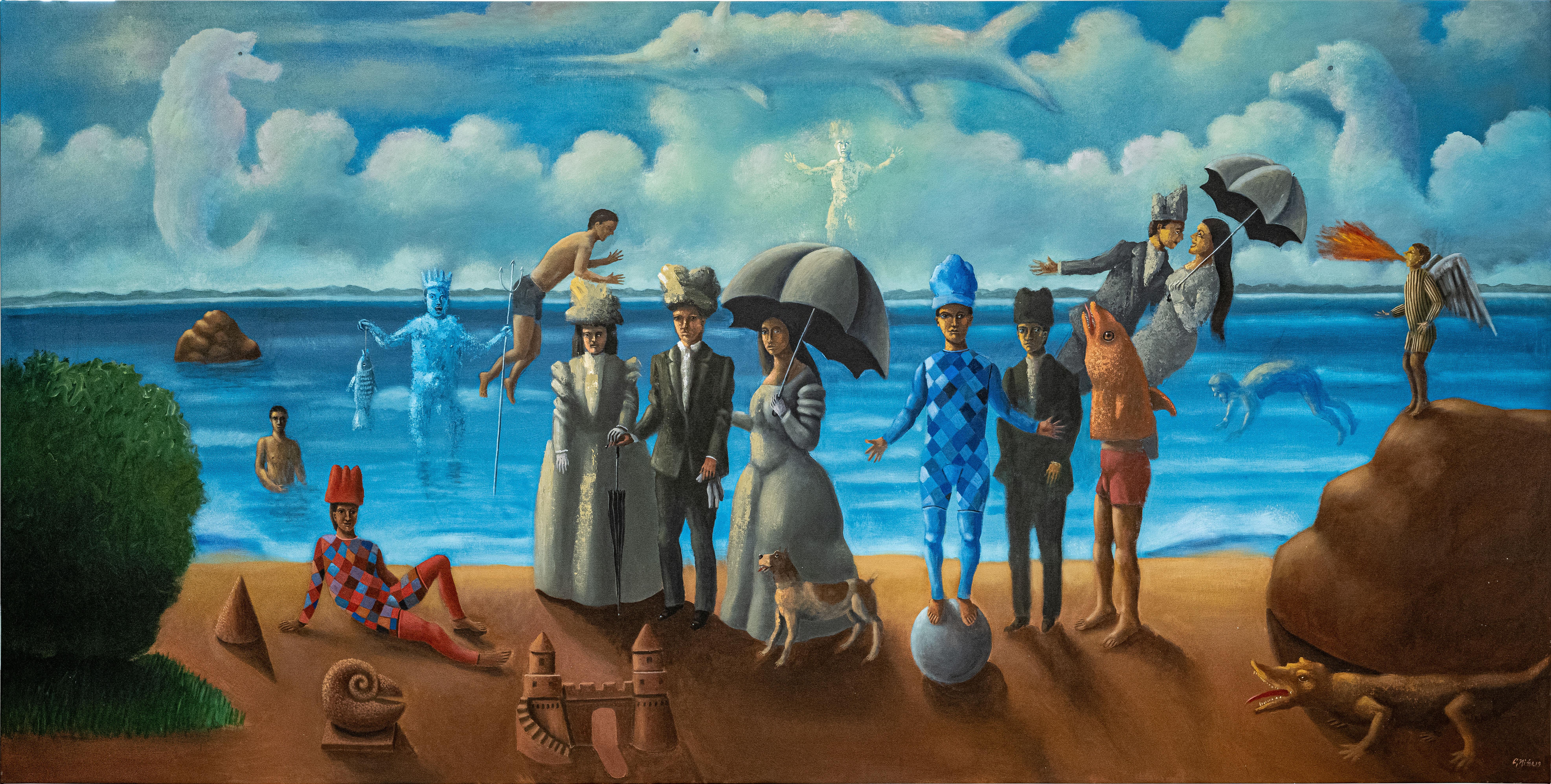 Carmelo Niño, Amantes con escena, 2019, 200 x 400 cm, 78,7 x 157,4 pulg.