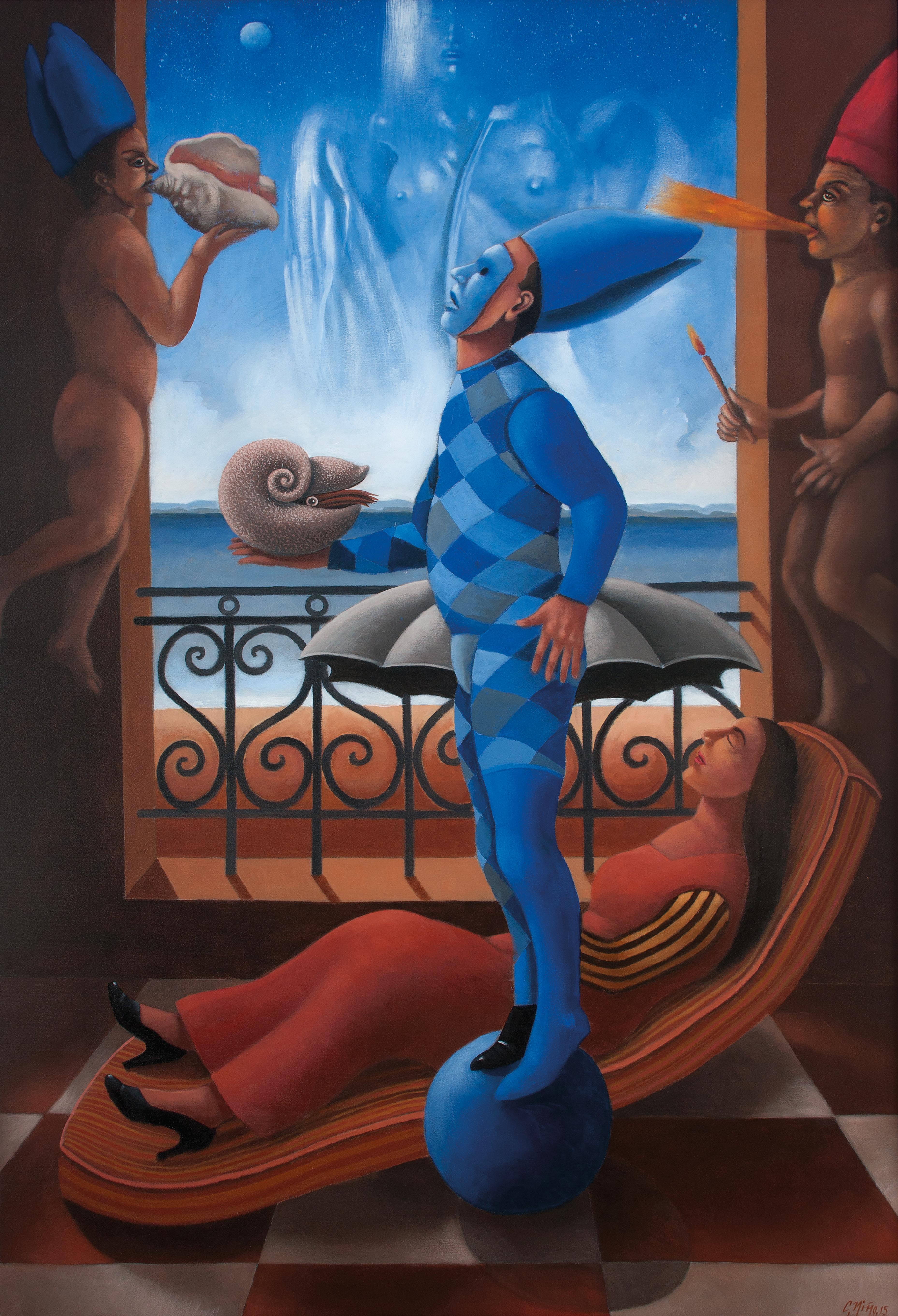 Carmelo Nio, Arlequn azul con ngel, 2015, 177x 124 cm, 69,6 x 48.8 Zoll.