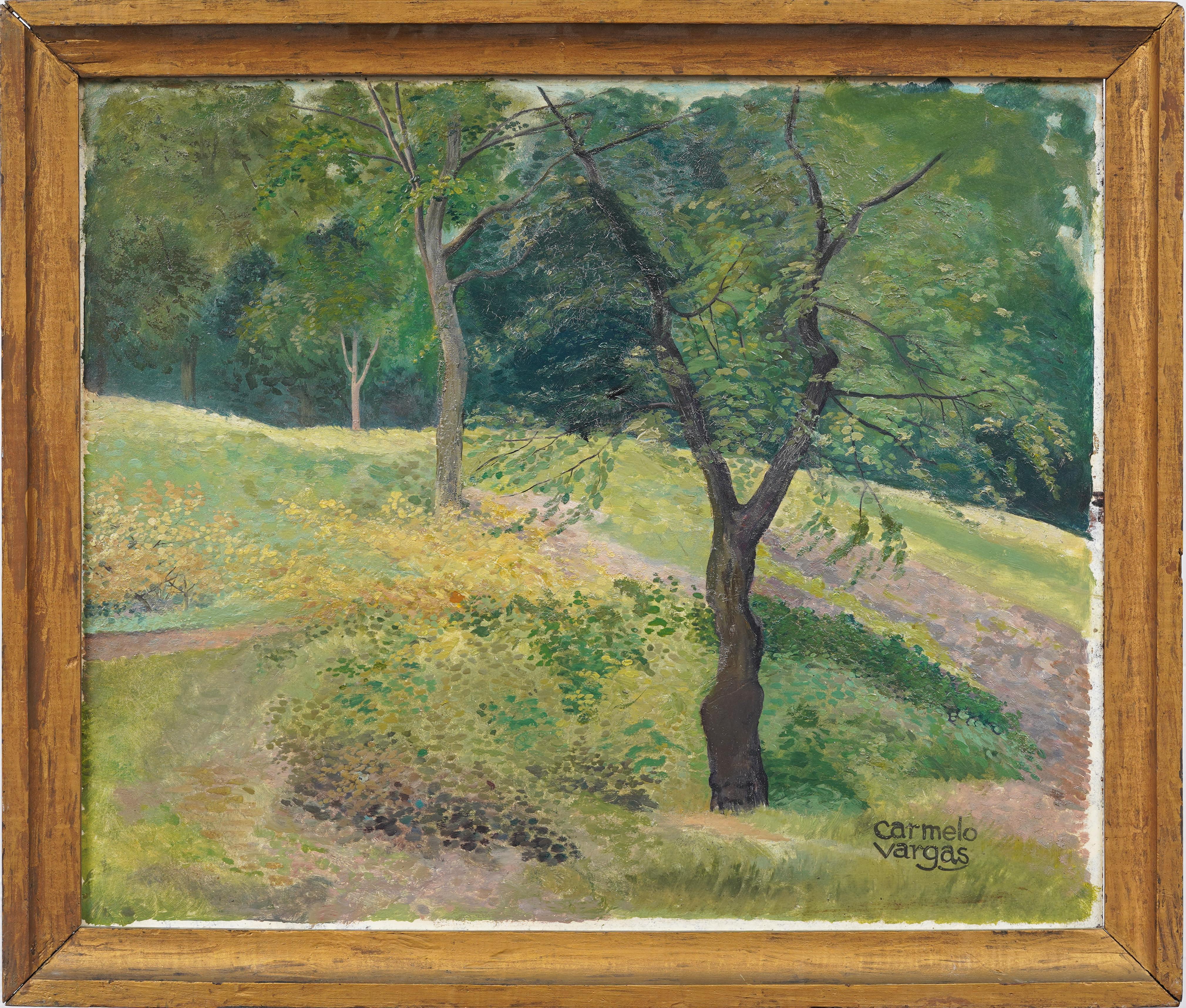 Antiguo paisaje forestal puntillista americano Pintura al óleo antigua enmarcada y firmada - Painting de Carmelo Vargas