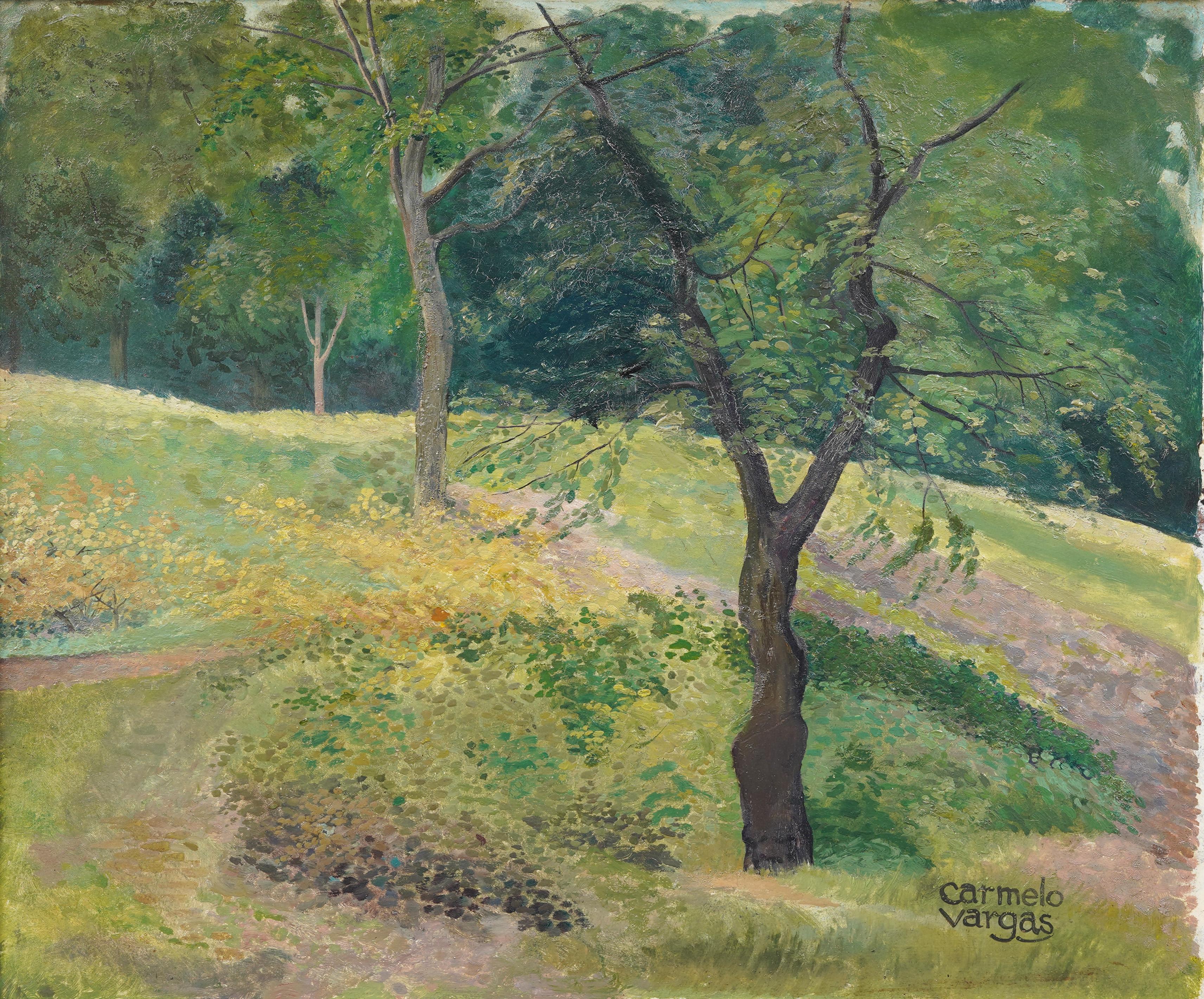 Antiguo paisaje forestal puntillista americano Pintura al óleo antigua enmarcada y firmada - Painting Impresionista de Carmelo Vargas