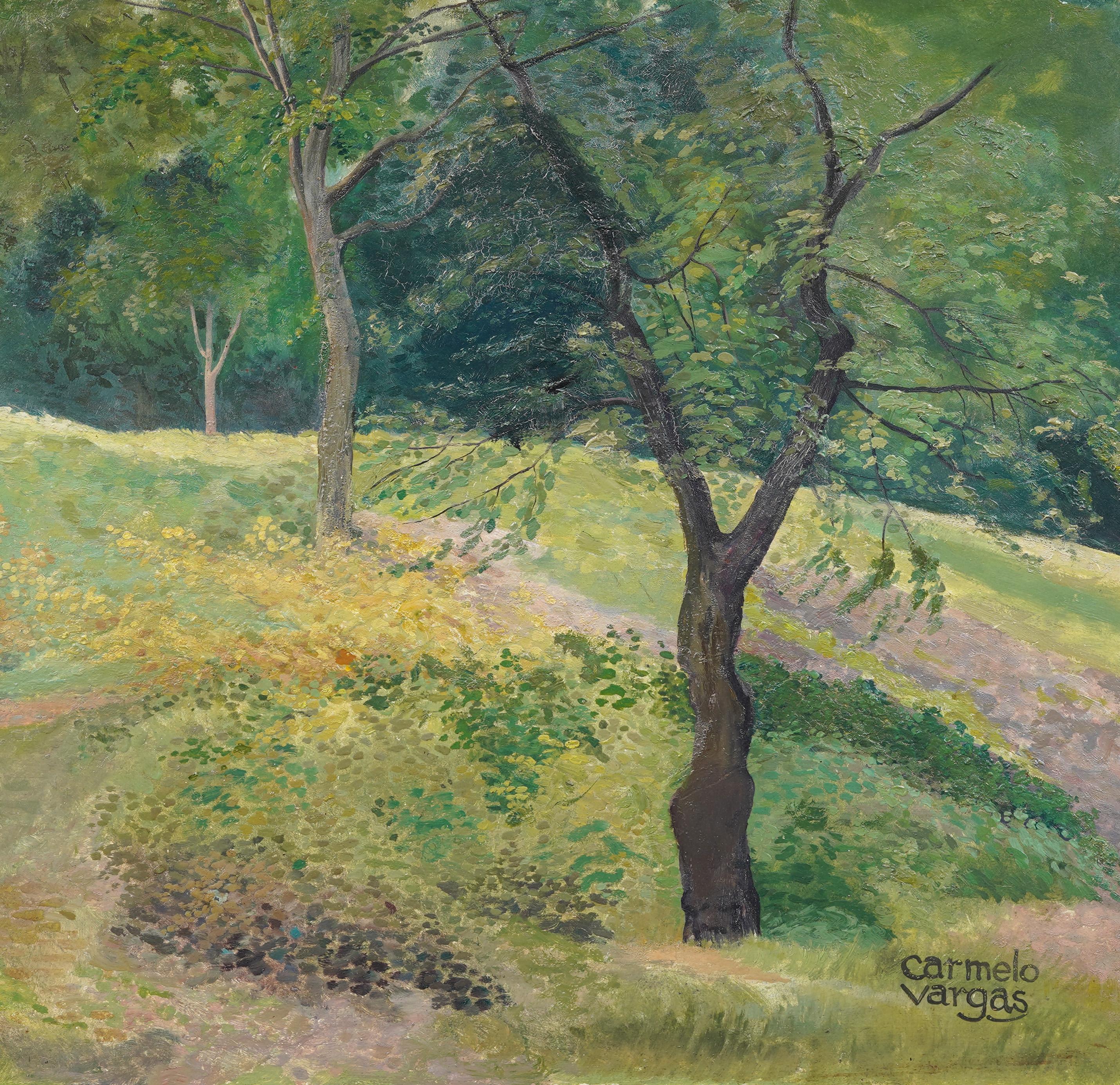 Raro y maravillosamente pintado paisaje puntillista de Carmelo Vegas.  Un empaste espeso y una composición fina.  Alojada en un marco de madera dorada de época.  Listo para colgar.  Óleo sobre tabla.  Firmado.  