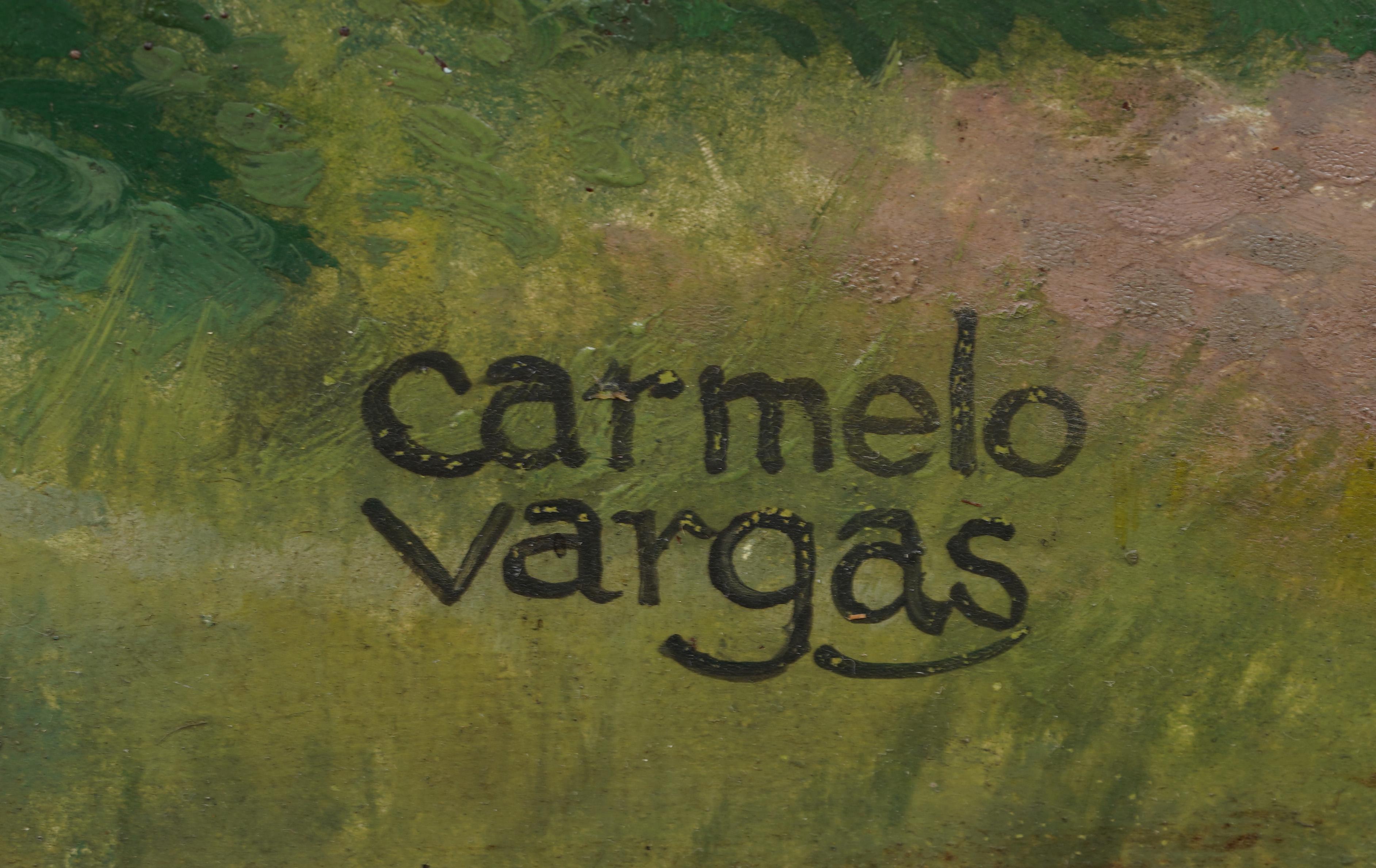 Antiguo paisaje forestal puntillista americano Pintura al óleo antigua enmarcada y firmada en venta 1