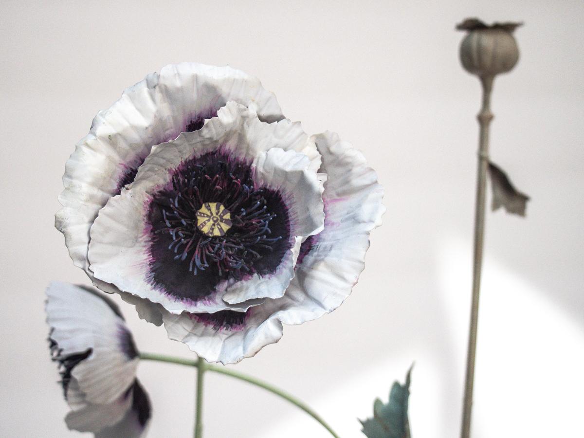 Double Opium Poppy with Red Fritillary - Sculpture by Carmen Almon